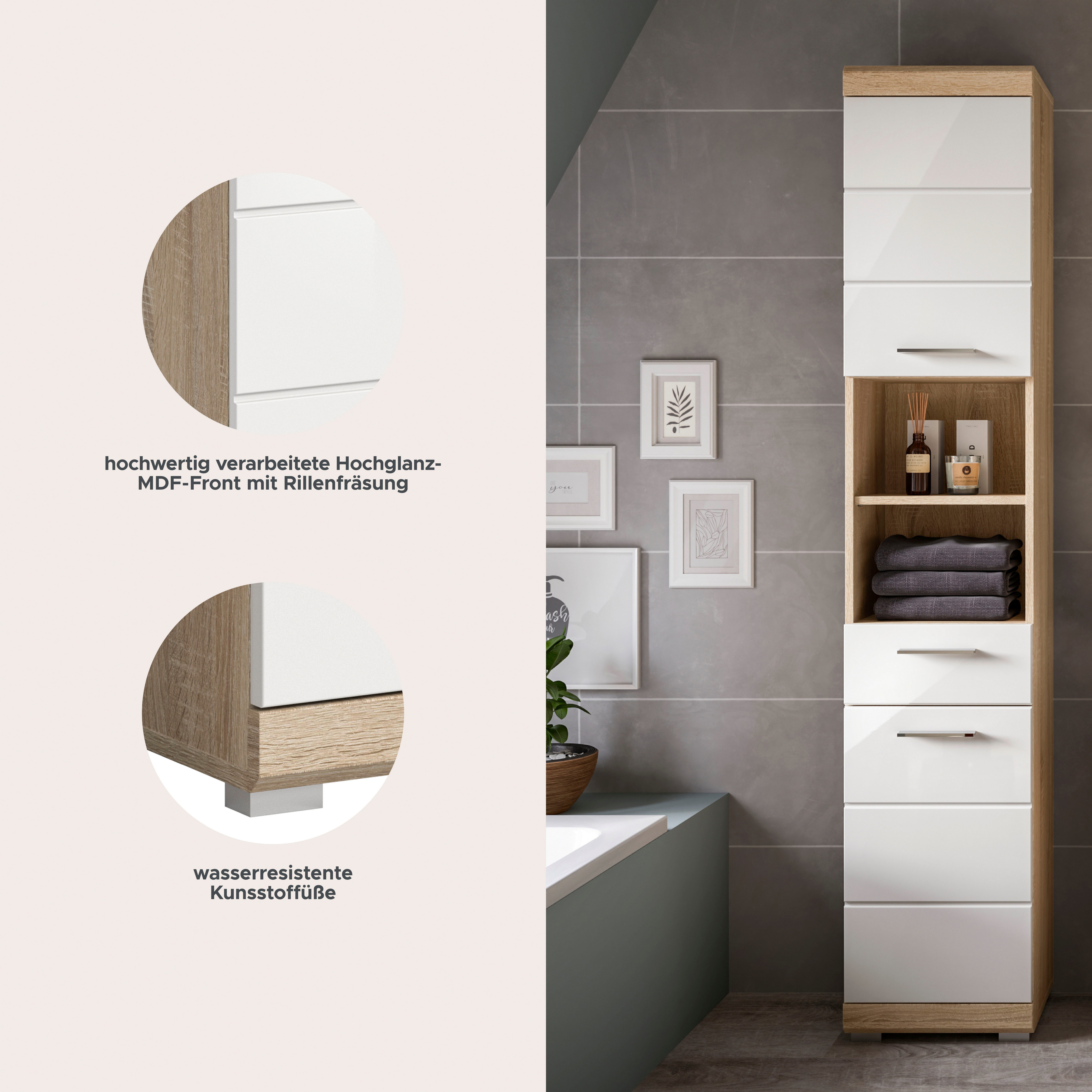 welltime Hochschrank SIENA, Breite 37cm, 2 Tür, 1 Schubkasten, 2 offene Fächer, MDF-Front (1-St., TOPSELLER) in verschiedenen Farben erhältlich, Badmöbel, Badschrank, Schrank, Bad