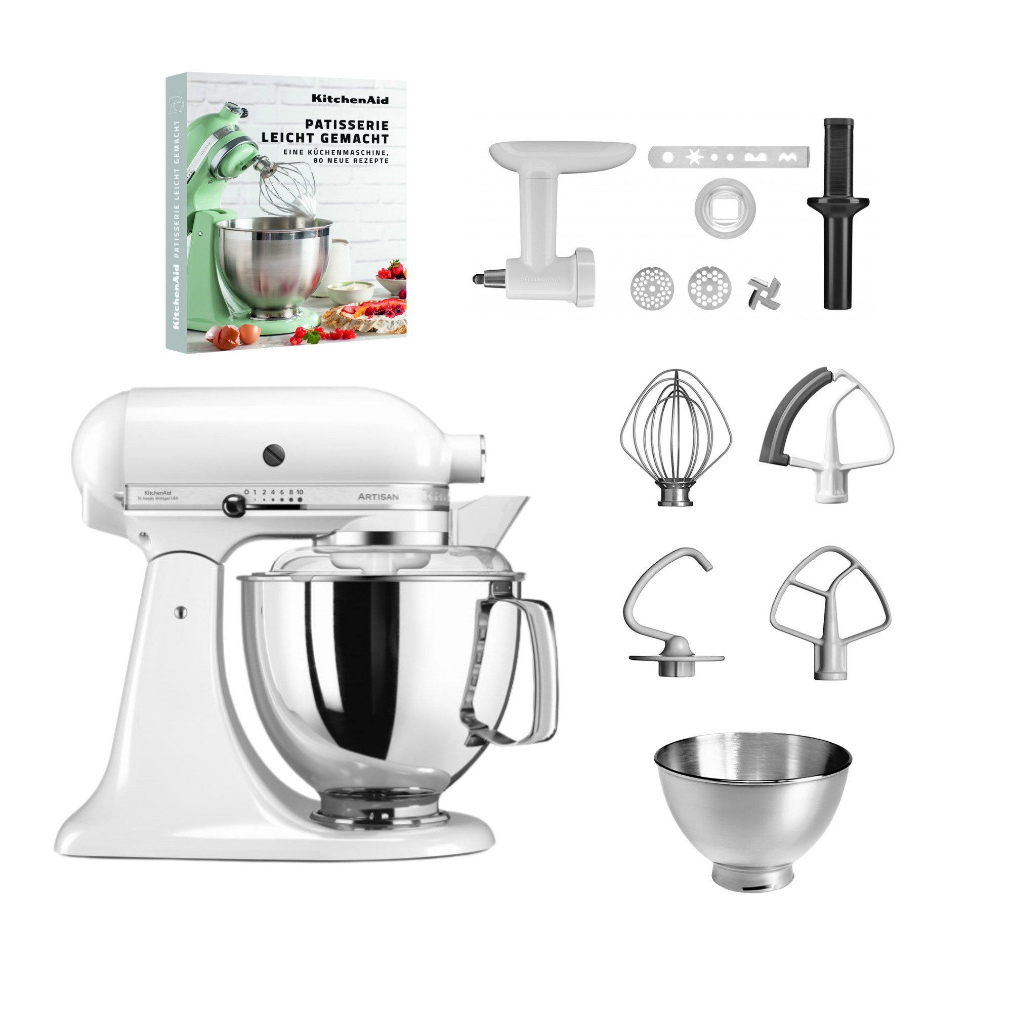 KitchenAid Küchenmaschine KitchenAid 4,8l 5KSM175 Artisan Fleischwolf, Spritzgebäckvorsatz, Buch