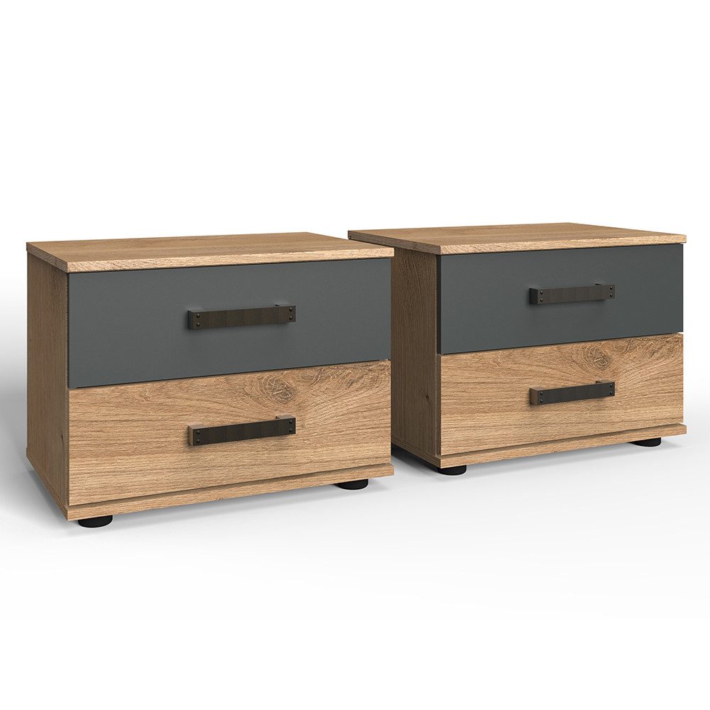 Lomadox Nachttisch SUNDERLAND-43, Eiche graphit grau 2er Set Nachtkommode 52x40x38 cm