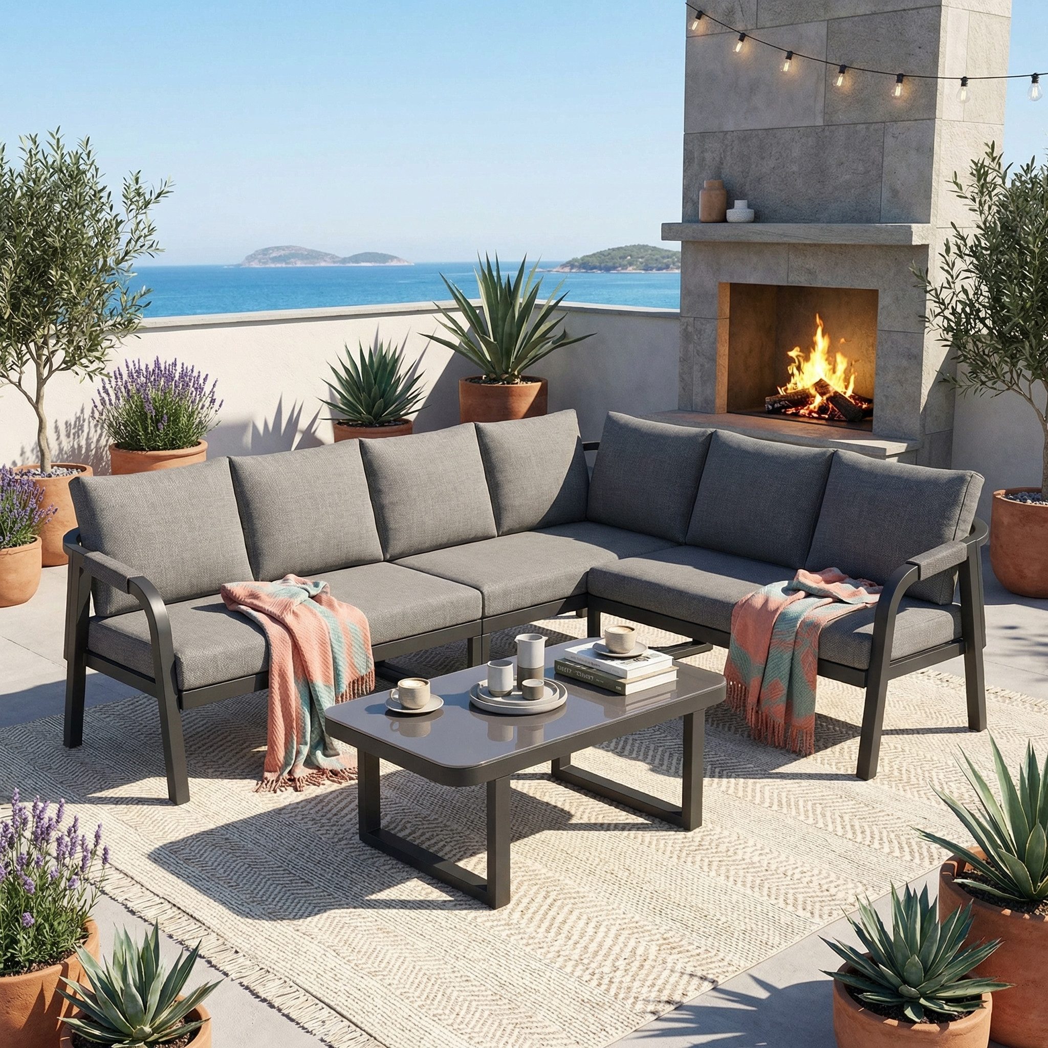 Merax Gartenlounge-Set für 6 Personen, Gartenmöbel-Set mit geflochtenen Arm- und Rückenlehnen, (1-tlg), Sitzgruppe mit verzinktem Stahlrahmen,Loungeset mit Ecksofa,Couchtisch