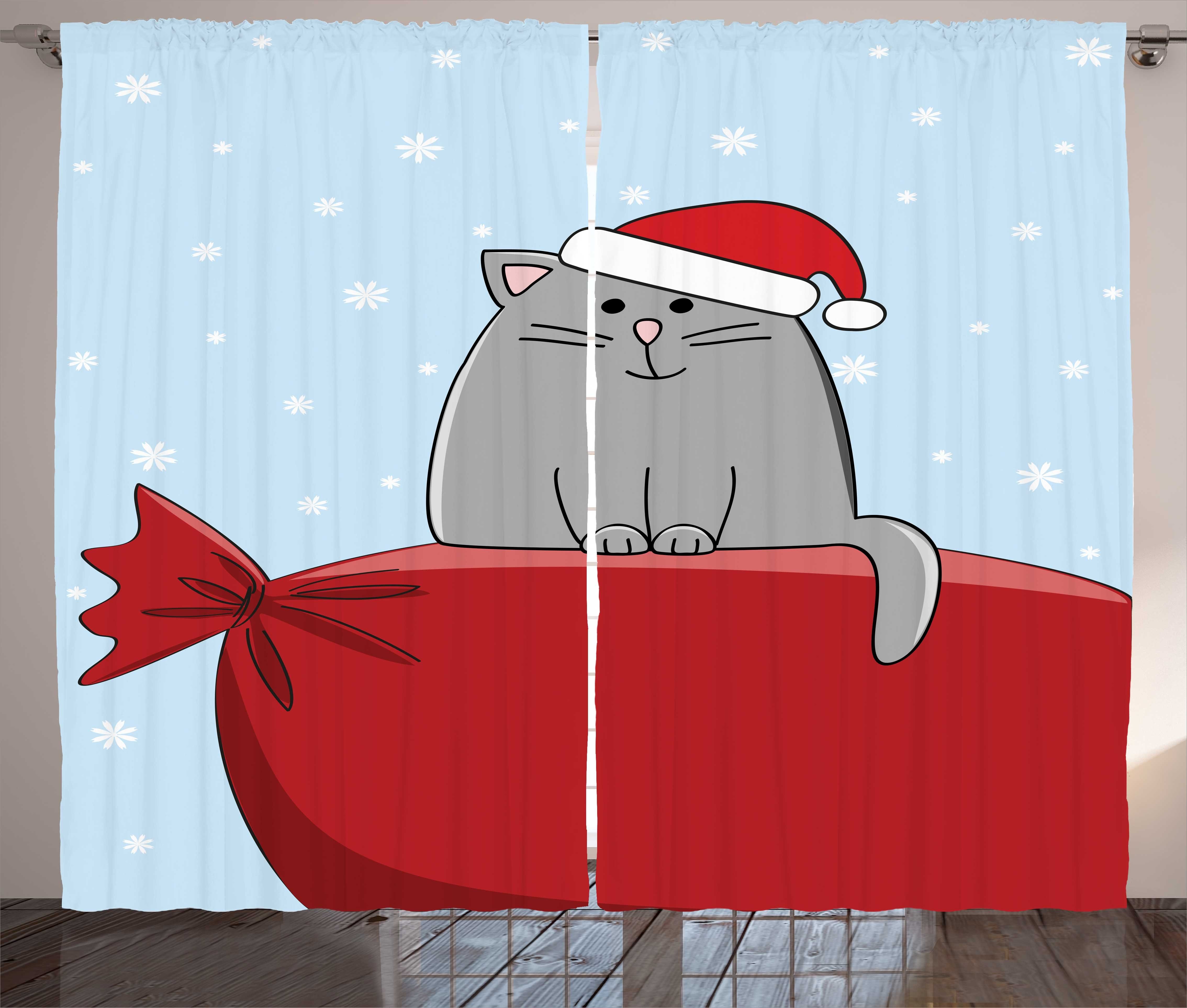 Gardine Schlafzimmer Kräuselband Vorhang mit Schlaufen und Haken, Abakuhaus, Weihnachten Katze auf Voll Santa Sack | Fertiggardinen