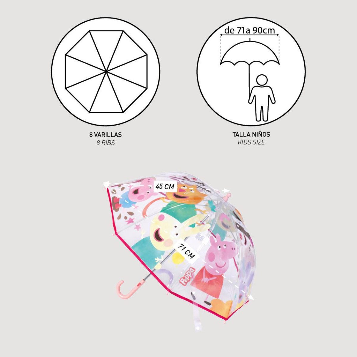 Cerda Langregenschirm Peppa Pig Regenschirm ? 71 cm Leichter Kuppel-Schirm, Durchsichtige Kuppel