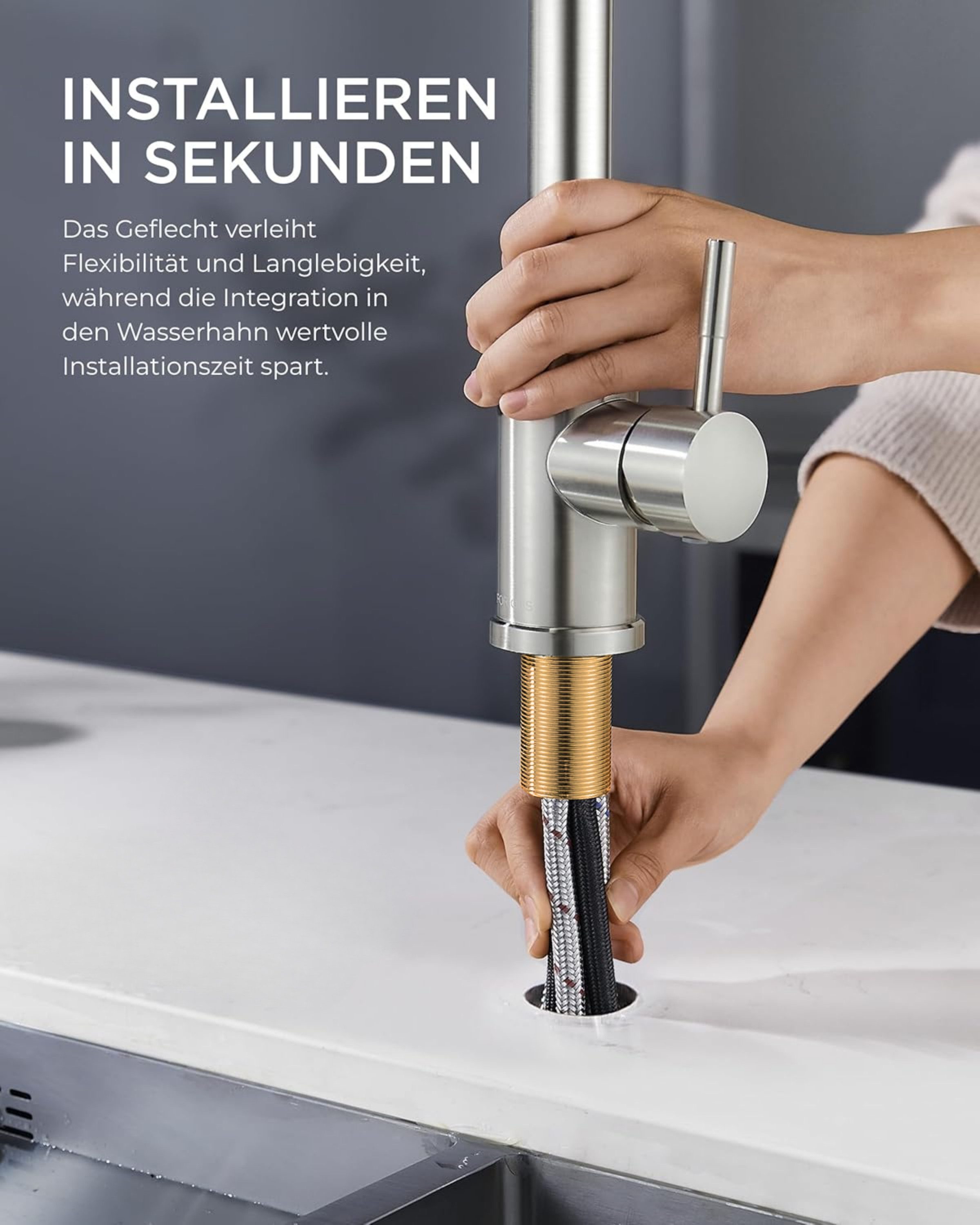 RUHE Küchenarmatur Wasserhahn Küche Hochdruck Küchenarmatur Herausziehbarer Brause 2 Modi (Armaturenset, 1-St., Set inklusive Küchenarmatur ausziehbarer Brause  – Bild 4 von 5