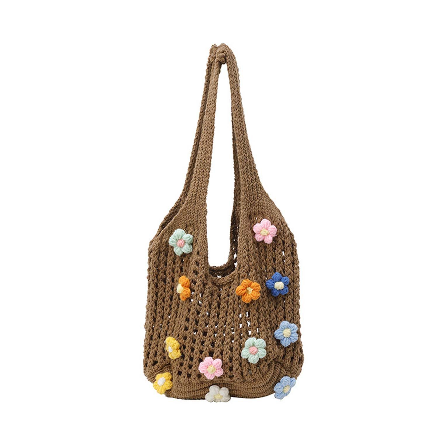 nsihing Schultertasche Damen gehäkelte gewebte Schultertasche mit 3D-bunten Blumen