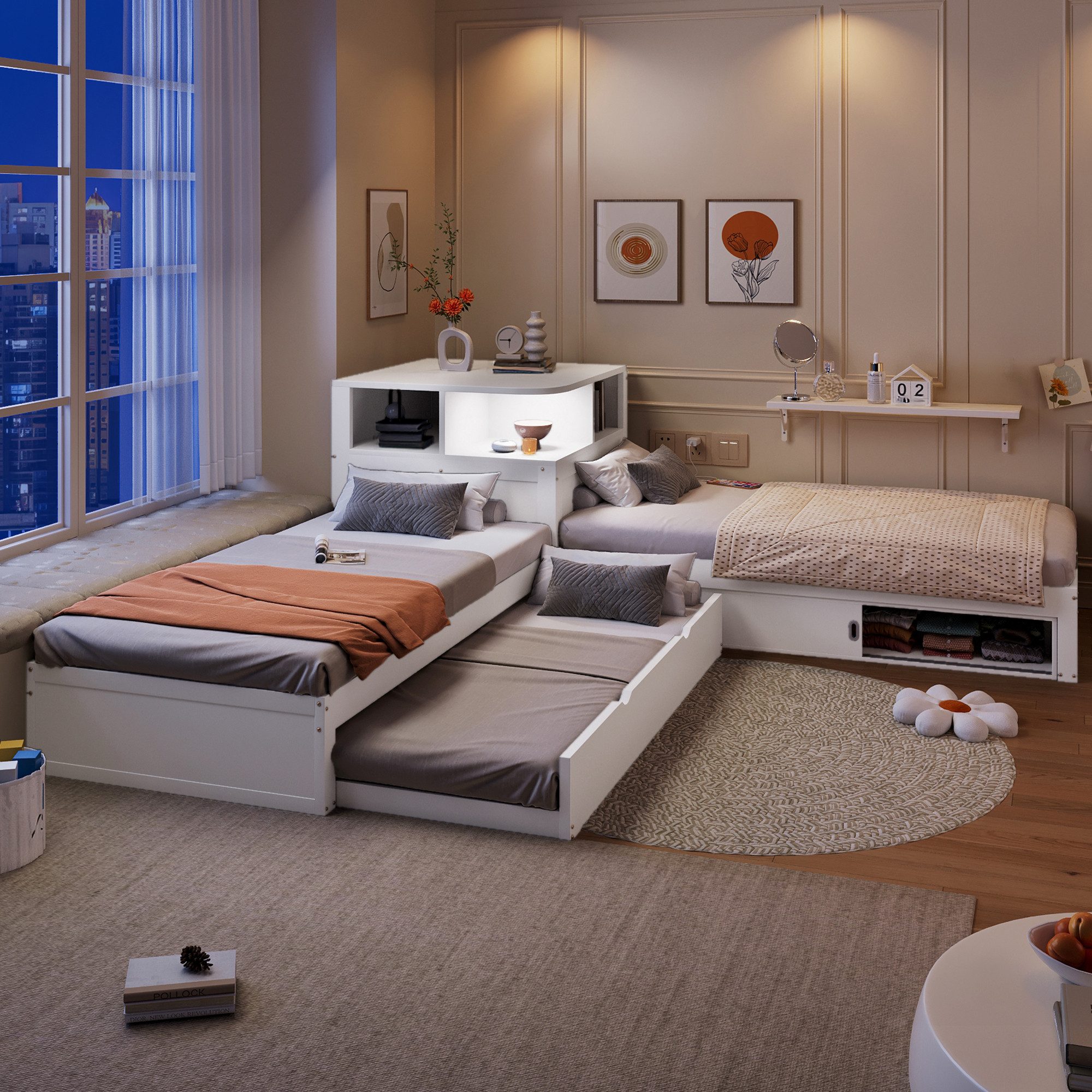 Merax Kinderbett 90x200cm mit Ausziehbett, L-förmiges Plattformbett (1-tlg., Jugendbett Dreibettbett Gästebett), Kiefernholz Jugendbett mit Schiebetür-Stauraum & LED-Nachtlicht