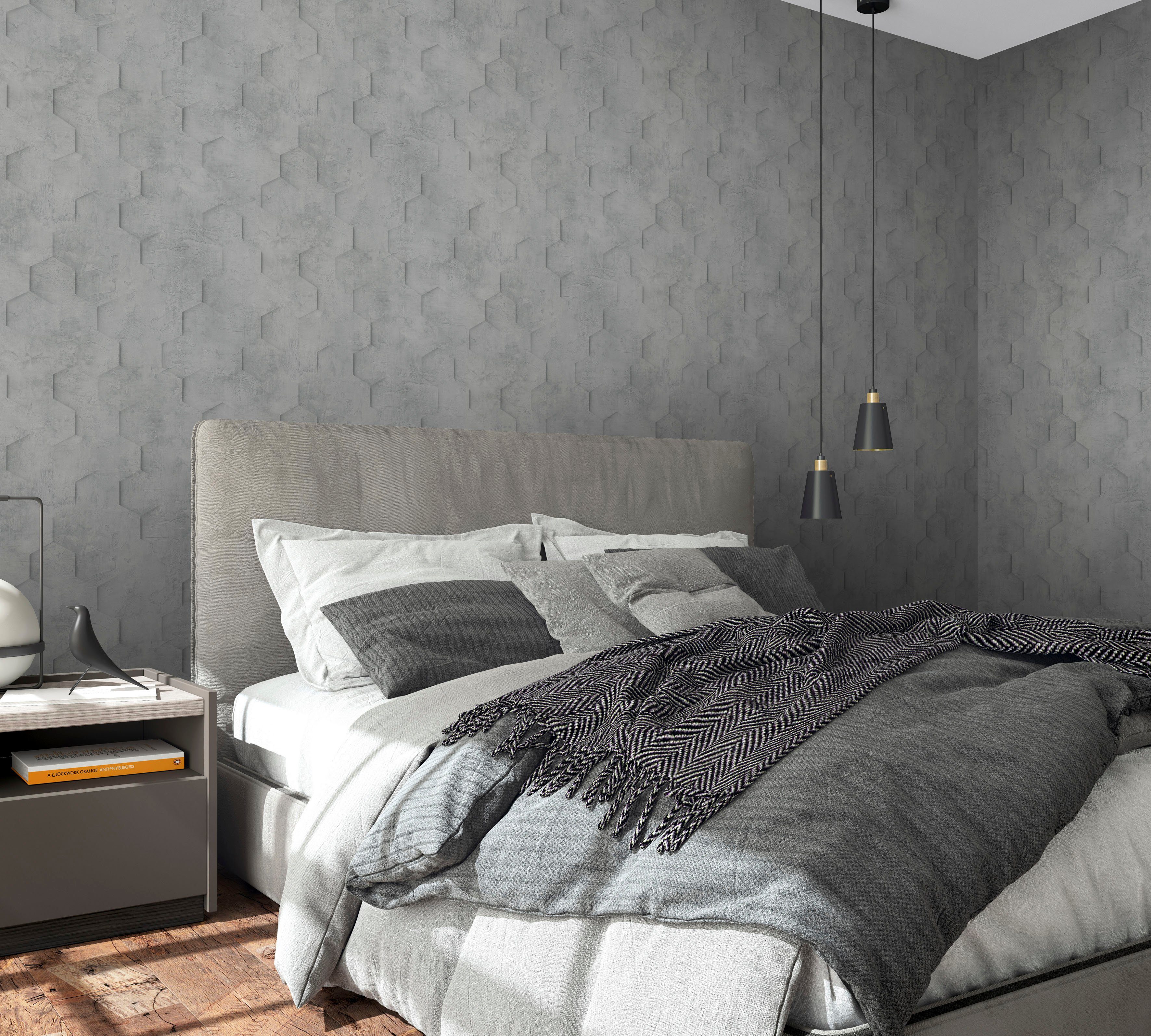 Marburg Vliestapete Hexagon, strukturiert, matt, grau für moderne Wohnzimmer Schlafzimmer Küche Vliestapete