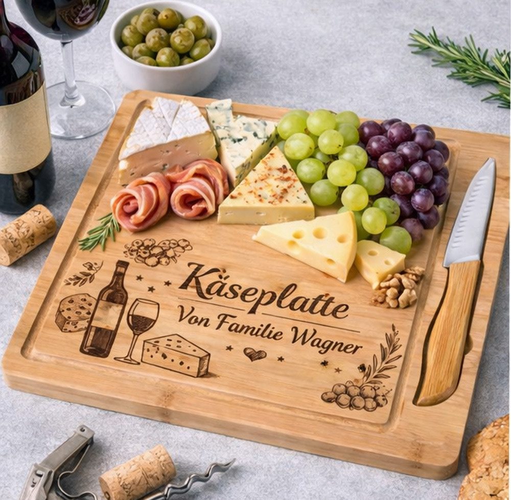 Trollingshop Käsebrett Bambus-Käsebrett mit persönlicher Namensgravur, Holz, (mit persönlicher Namensgravur, Käseservierbrett mit Motiven, sehr dekorativ), ein Hingucker auf jedem Essenstisch