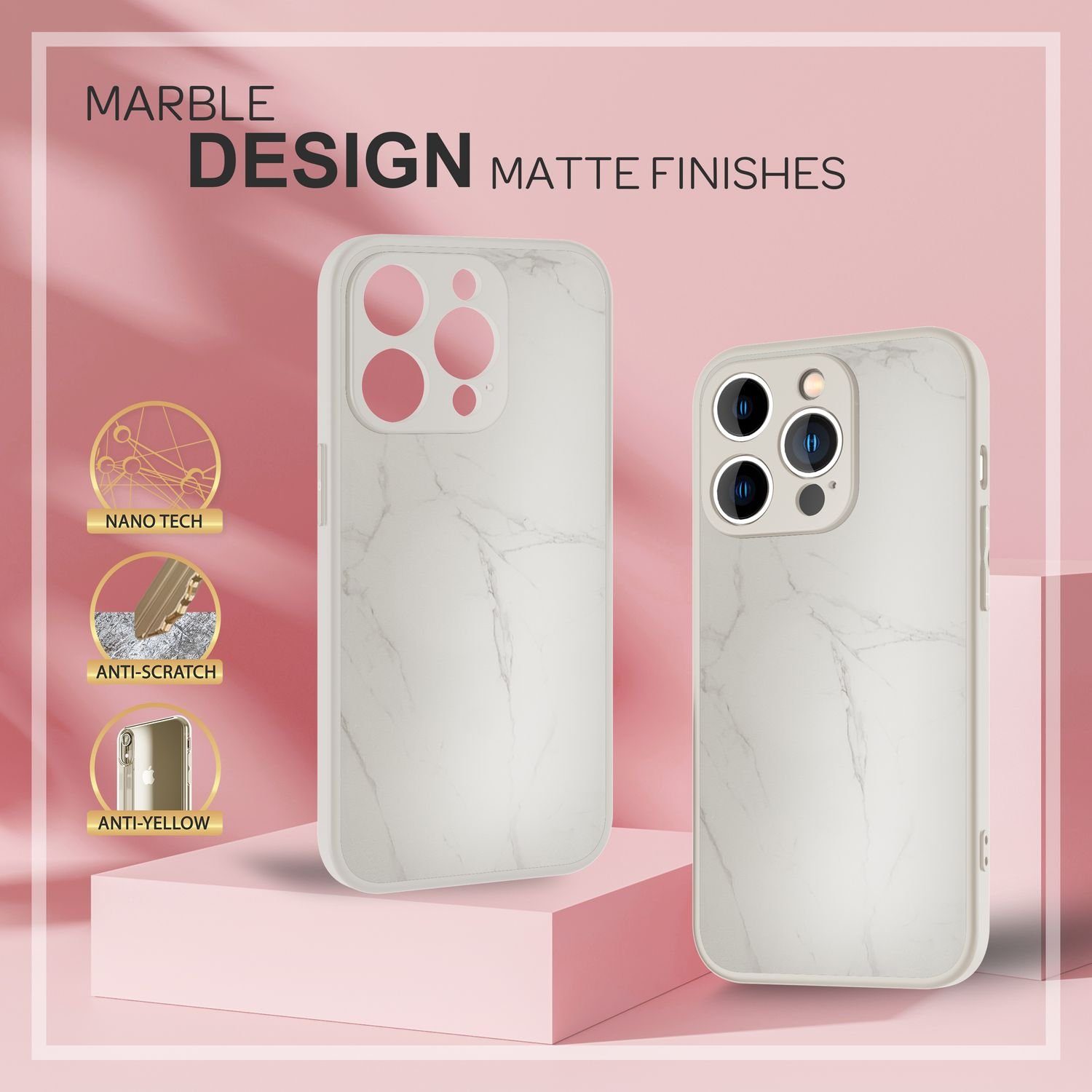 Nalia Smartphone-Hülle Apple iPhone 14 Pro 15,5 cm (6,1 Zoll), Hartglas Hülle Marmor-Optik / 9H Tempered Glass / Robust / Marble Case