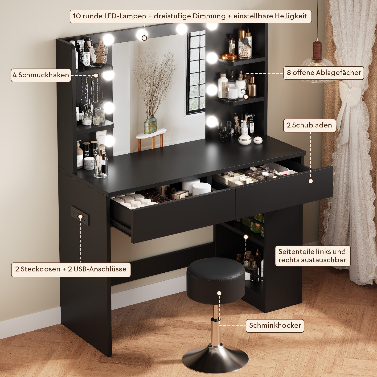 HOMALL Schminktisch Mit dreifarbiger LED-Beleuchtung, Helligkeit einstellbar (Länge × Breite × Höhe) 90 × 40 × 137 cm, mit Steckdose und 2 USB-Anschlüssen, seit – Bild 5 von 5