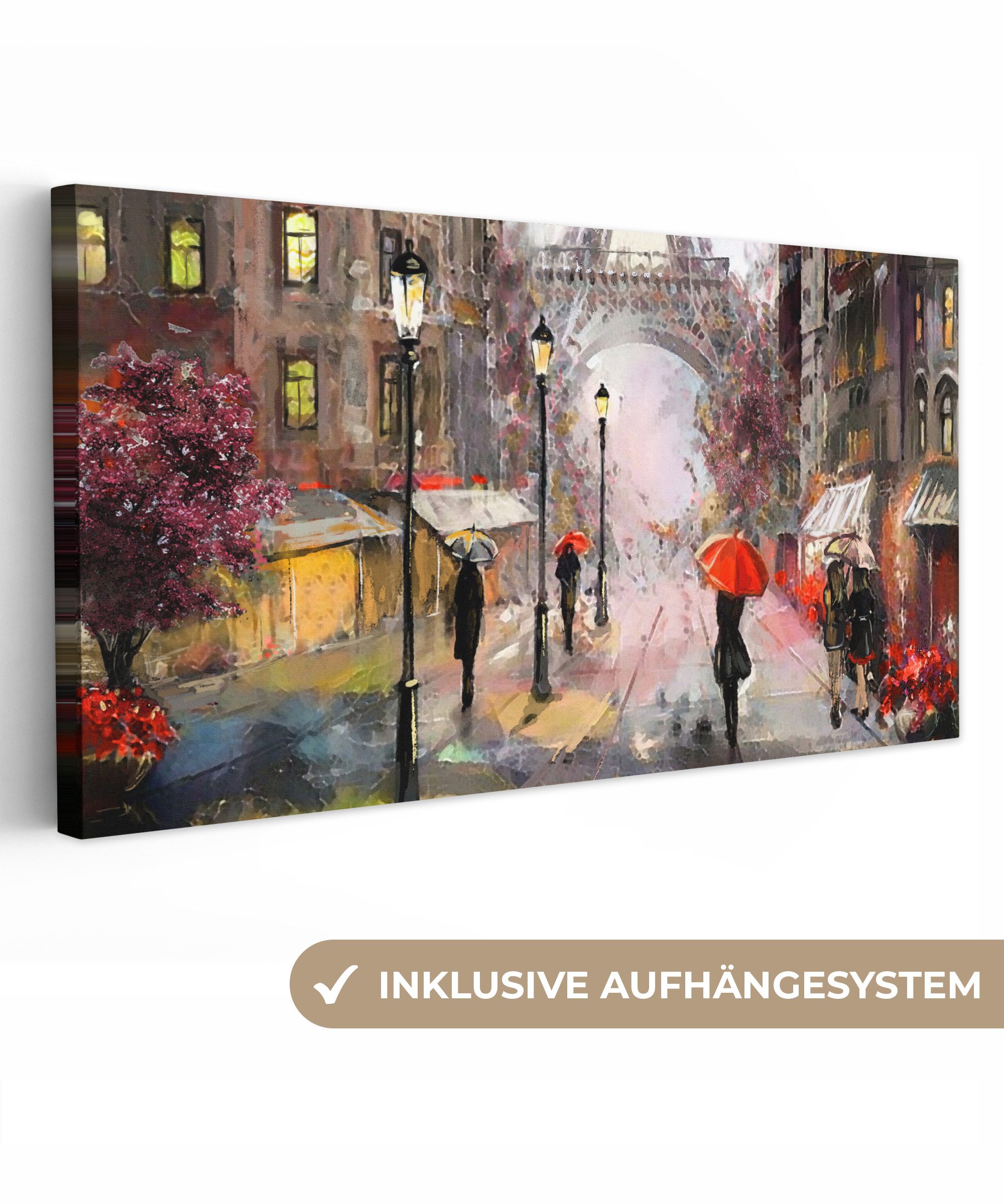 OneMillionCanvasses® Leinwandbild Panorama Kunstdrucke - Paris - Eiffelturm - Regenschirm - Ölfarbenopt, Fotodruck (1 St), Wandbild, Deko Schlafzimmer Wohnzimmer Flur 40x20 cm