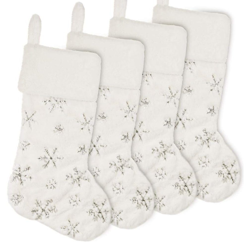 Juoungle Socken Weihnachtsstrümpfe, mit silbernen Pailletten, Schneeflocke, 4 Stück