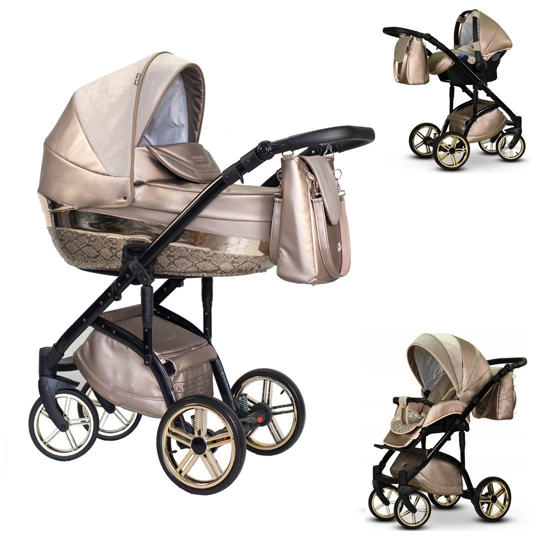 babies-on-wheels Kombi-Kinderwagen 3 in 1 Kinderwagen-Set Vip Lux - 12 Teile - in 16 Farben Champagner-Dekor