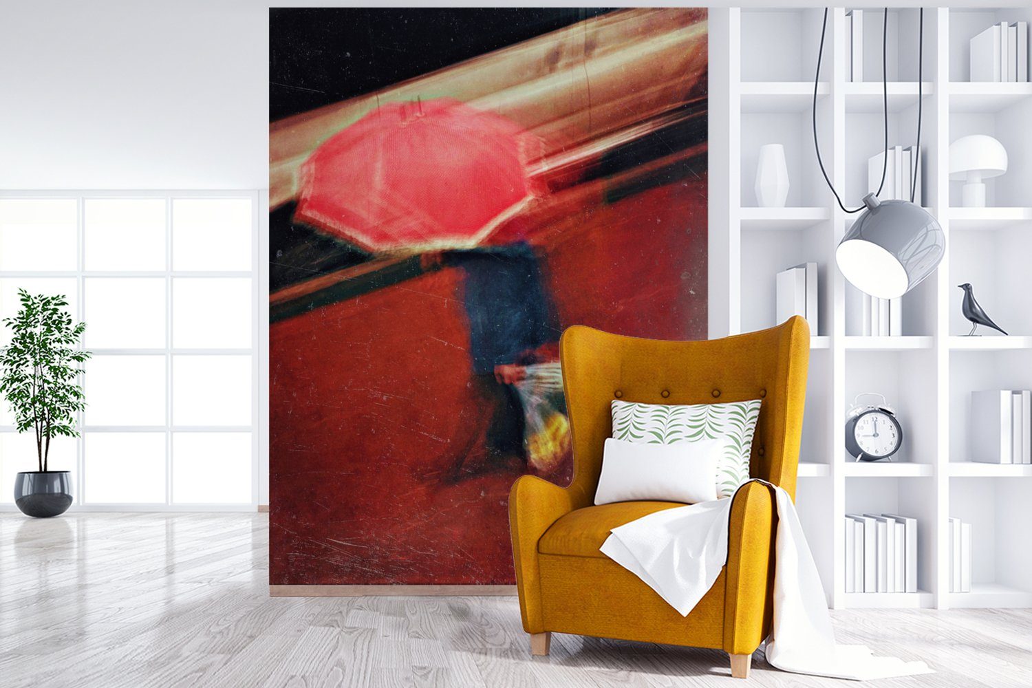 MuchoWow Fototapete Mann - Regenschirm für Rot Montagefertig Wandtapete Wohnzimmer, St), (4 Matt, Farben, Tapete Vinyl bedruckt, - 