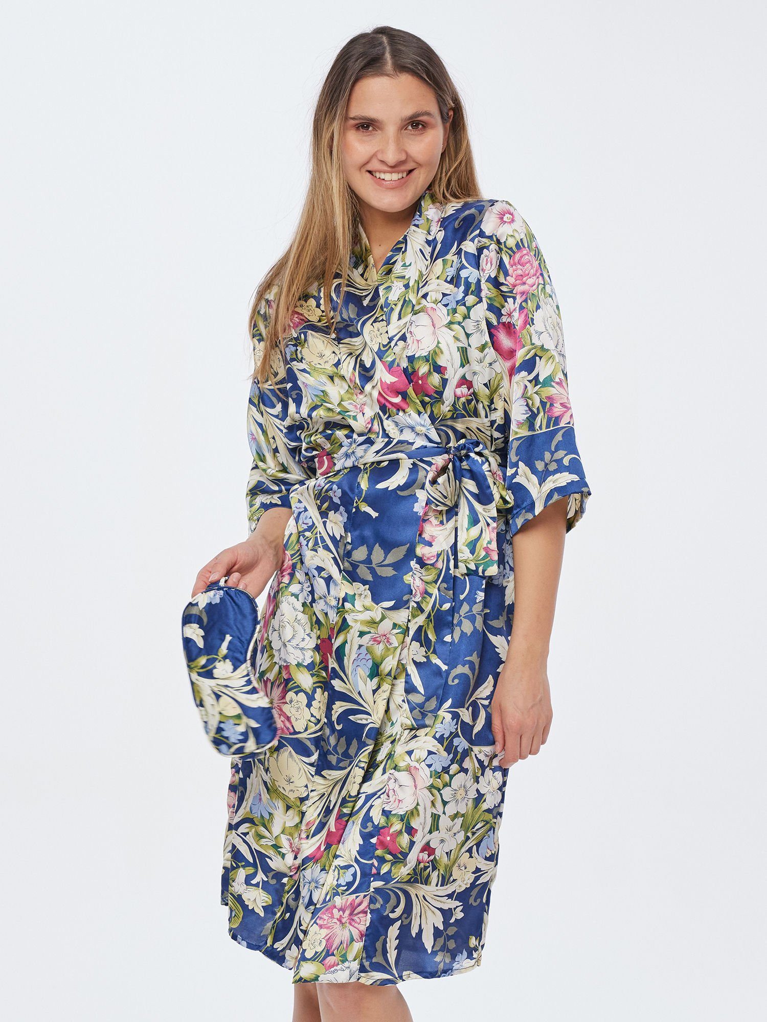 MONACO blue Morgenmantel Kimono luftdurchlässig, 100 % Polyester, mit Blumendruck