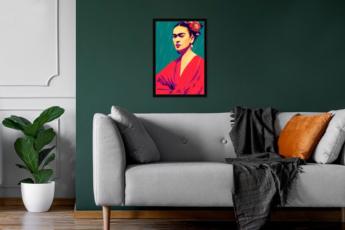 Poster, Gerahmtes Wanddeko, MuchoWow - (1 Vintage - Schwarzem Frau Kahlo Poster St), Frida Bilder, Bilderrahmen Wandposter, - Rot, Porträt -