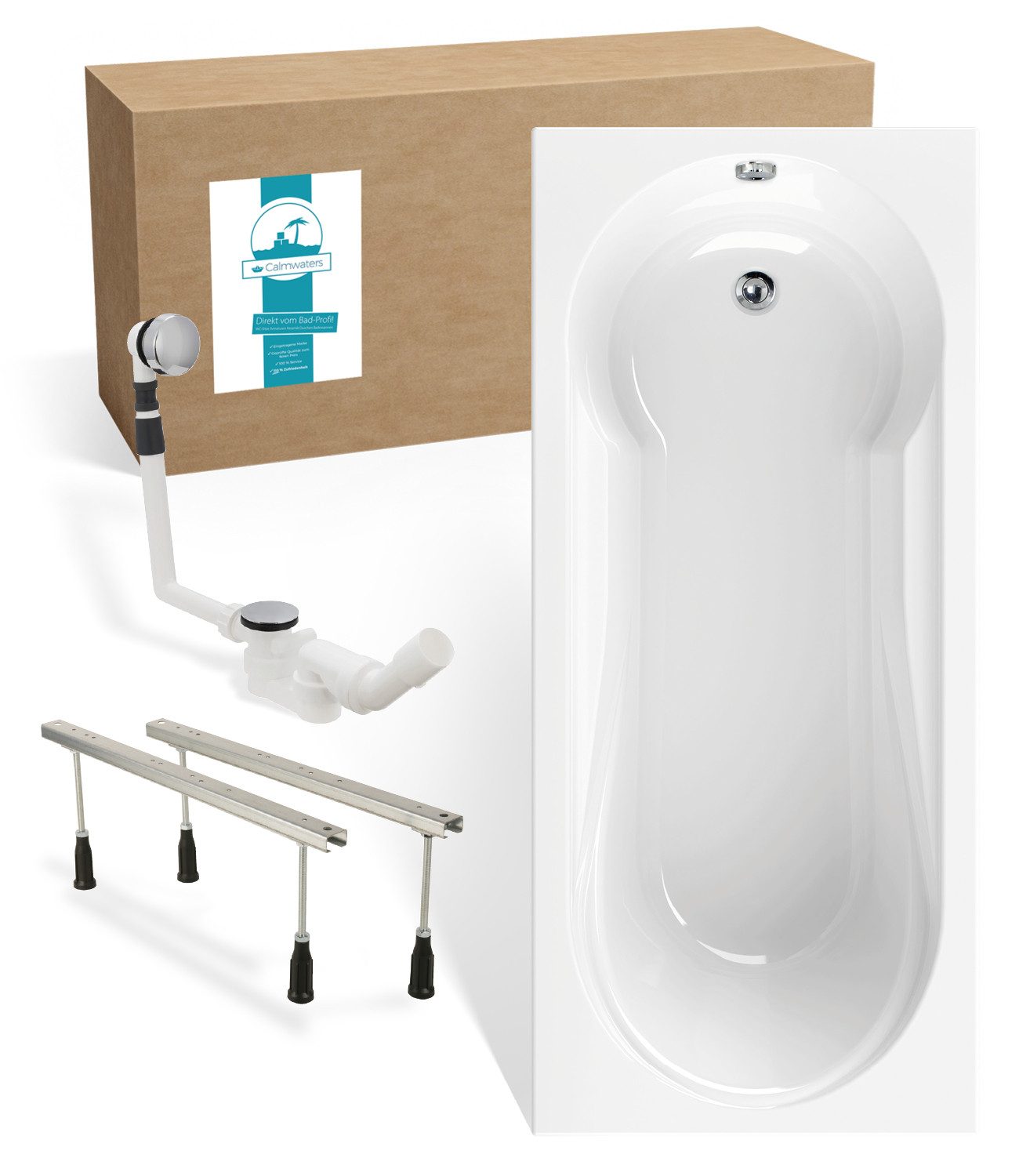Calmwaters Badewanne Modern Small 2, (3-tlg), 180 x 80 cm, Duschbereich, Wannenfuß, Ablaufgarnitur, 99000290