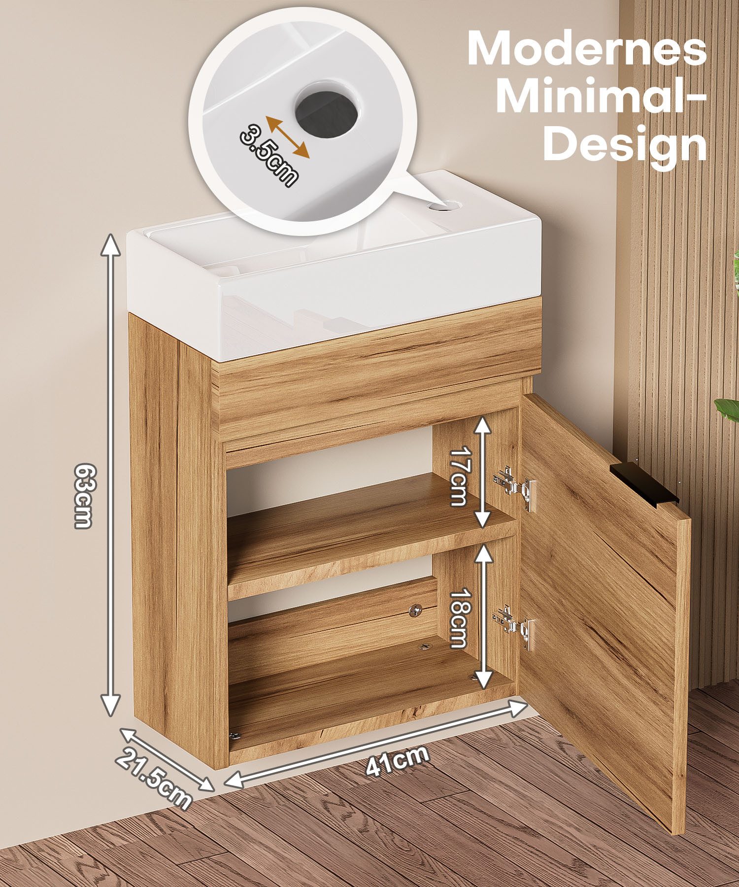 Yorbay Waschtisch Badmöbel Set mit Keramikbecken (Breite 41cm), Kompakter Unterschrank mit Waschbecken, Ideal für kleine Badezimmer – Bild 4 von 5