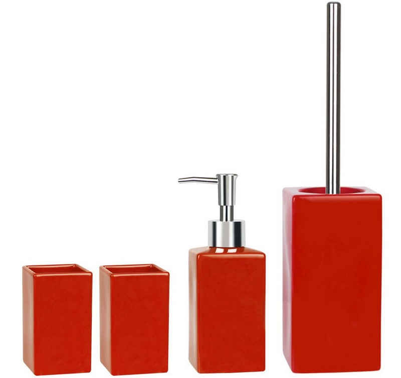 spirella Badaccessoires-Sets QUADRO, Zubehör-Set aus hochwertiger Keramik, rot, elegante Glanz-Optik, 4 tlg., bestehend aus: WC-Bürste, Seifenspender, 2x Zahnputzbecher