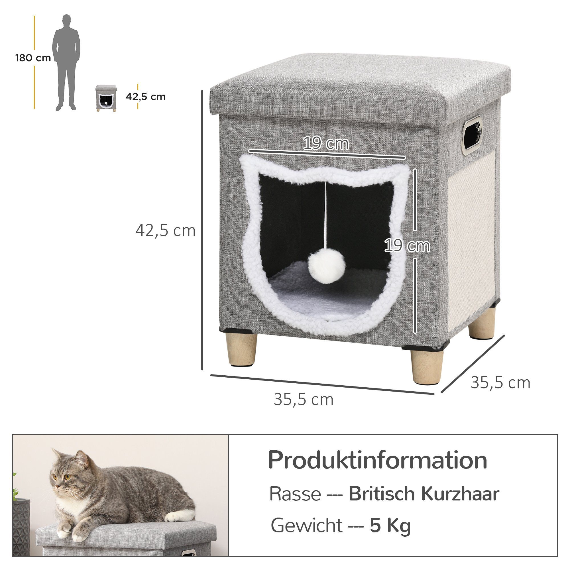 PawHut Tierhaus Katzenhaus mit Kissen, Katzenbett mit Kratzmatte, Polyester, Grau, 35.5B x 35.5B x 42.5H cm