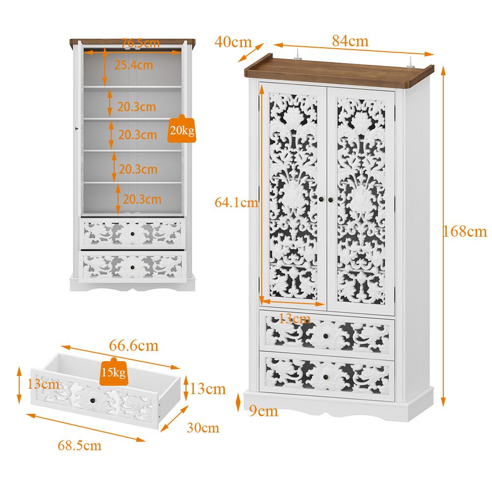 FUFU&GAGA Buffet Geschirrschrank mit geschnitzten Türen, Weiß, HDF, 84×40×168 cm – Bild 3 von 5