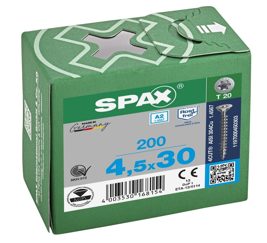 SPAX Spanplattenschraube Edelstahlschraube, A2, mm (Edelstahl 4,5x30 St), 200