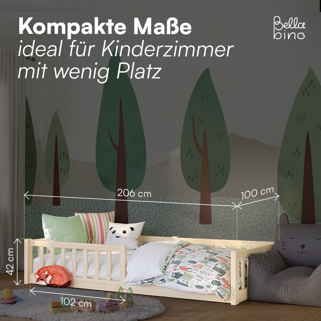 Bellabino Kinderbett Vere aus Kiefer Massivholz mit Rausfallschutz & Lattenrost (natur mit Matratze), Bodenbett verfügbar in 80x160 & 90/120/140x200 cm