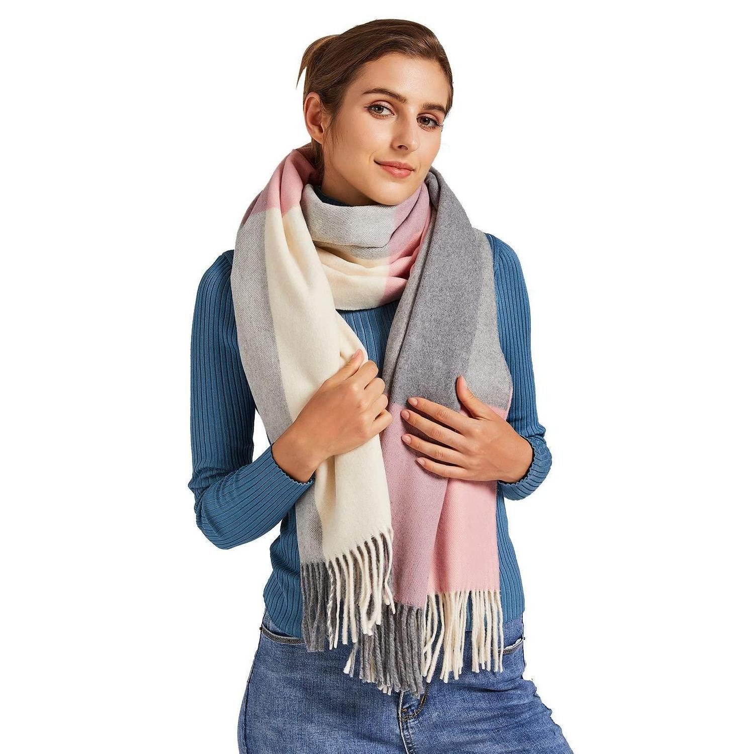 LuxusKollektion Wollschal Schal Damen Wolle Karo Quaste Grau Pink Beige 70x190
