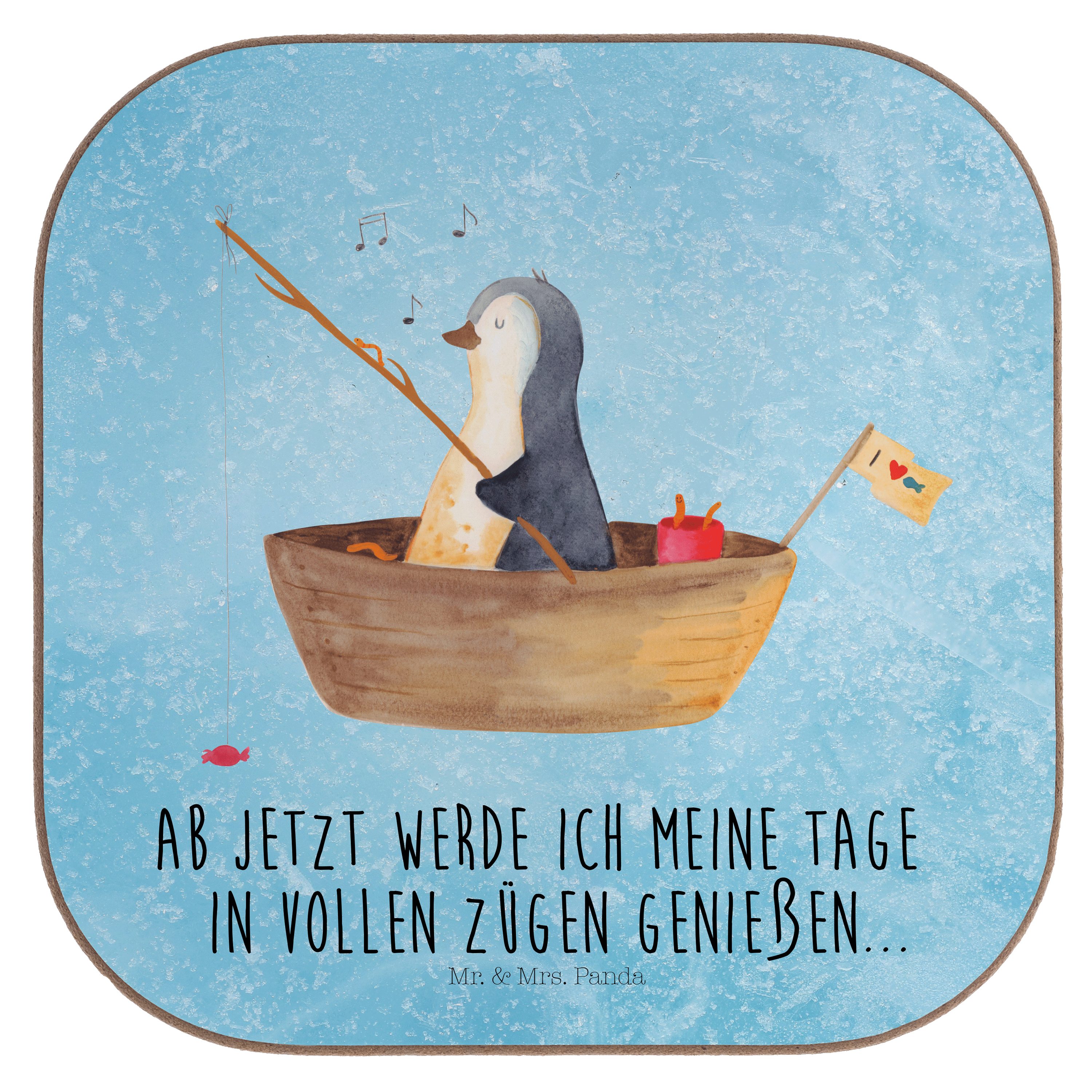 Mr. & Mrs. Panda Getränkeuntersetzer Pinguin Angelboot - Eisblau - Geschenk, Leben, Getränkeuntersetzer, N, 1-tlg.