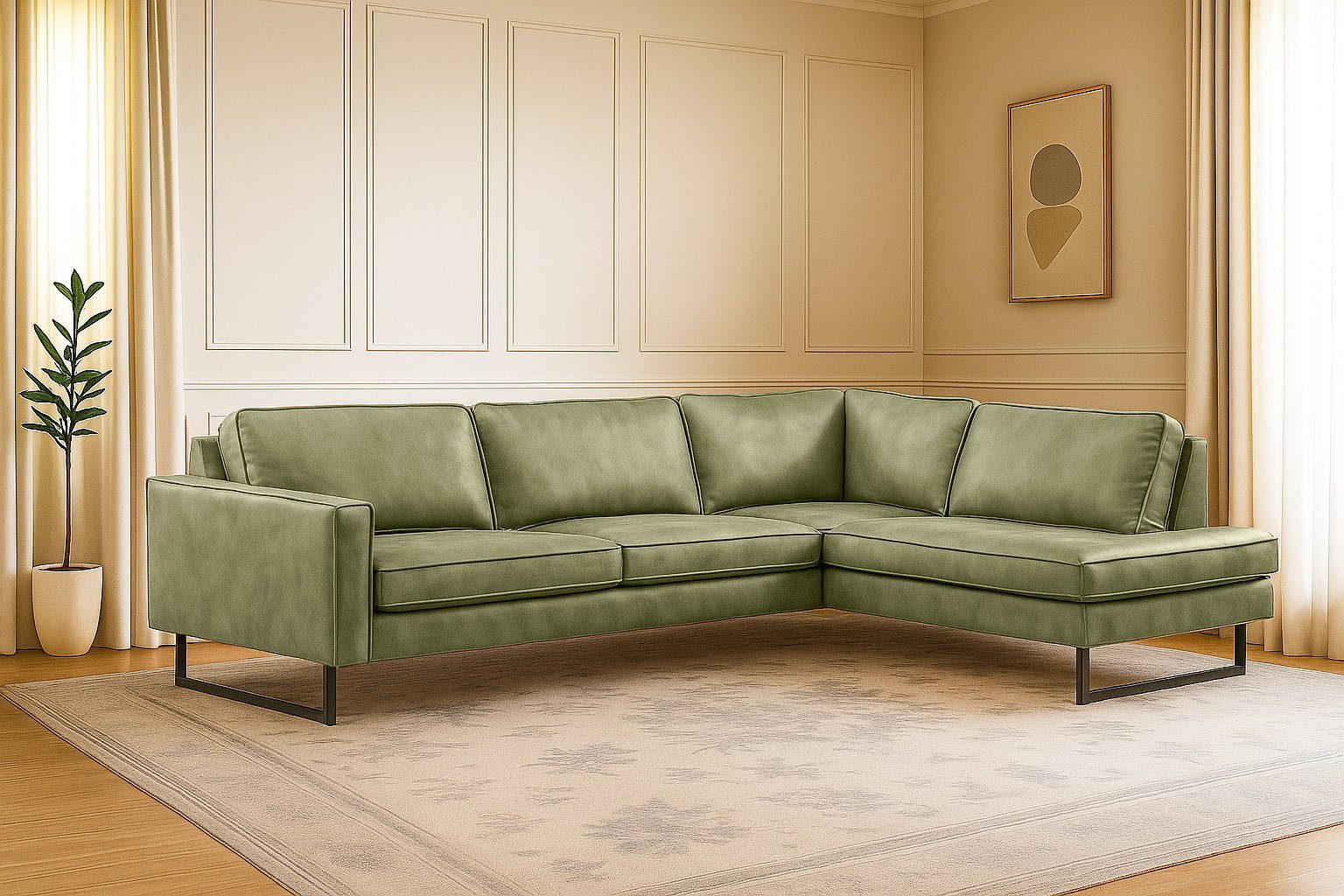 Home affaire Ecksofa Pinto, 290 cm, Cord, Chenille, Lederoptik, Ottomane links / rechts, mit Keder, schwarze Metallfüße, Wellenunterfederung