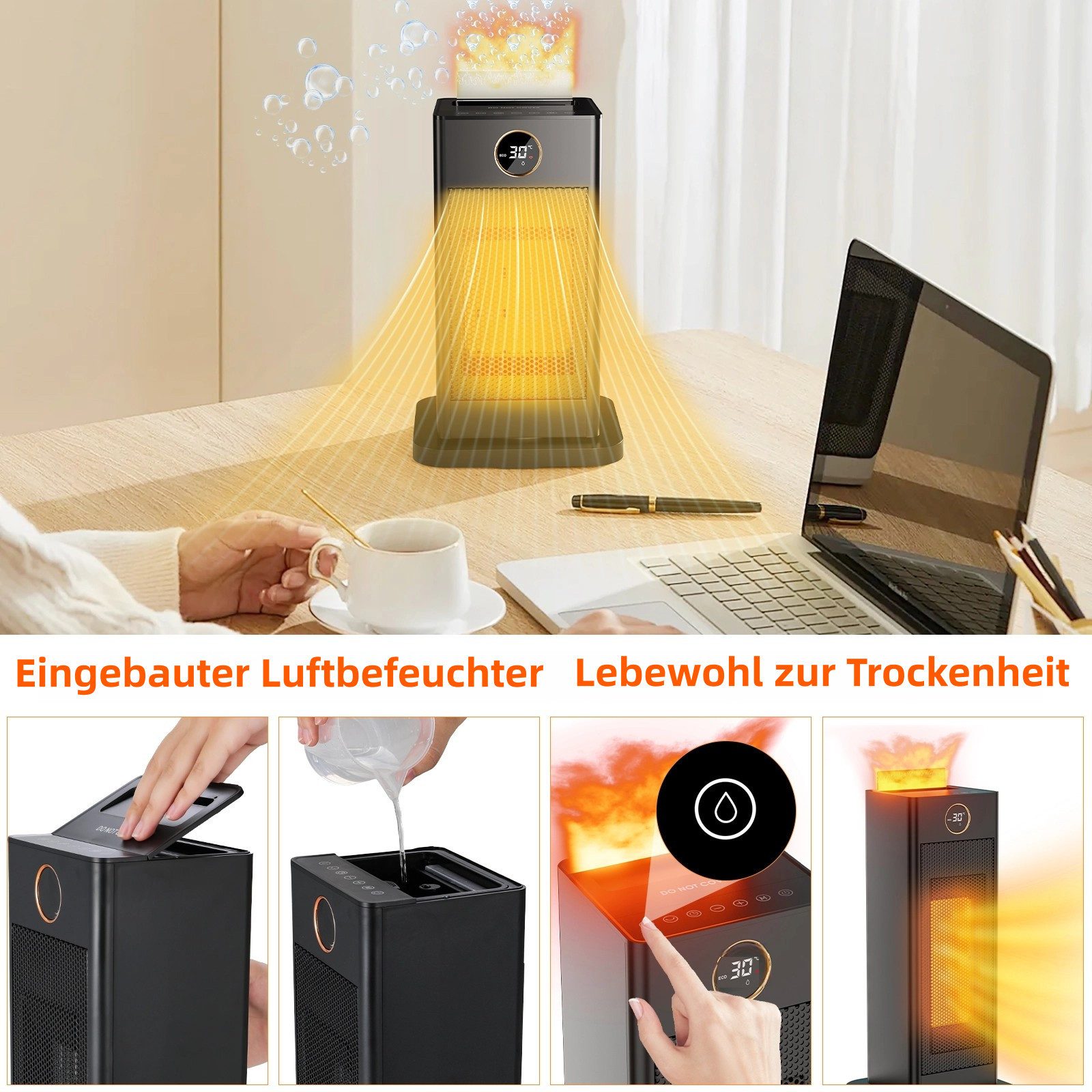 TLGREEN Heizlüfter mit Befeuchtungsfunktion, PTC Leise Heizung,12-Std-Timer, 4 Modus, 1500 W, 90° Oszillierend, Fernbedienung, Umgebungslicht, Tip Over Schutz