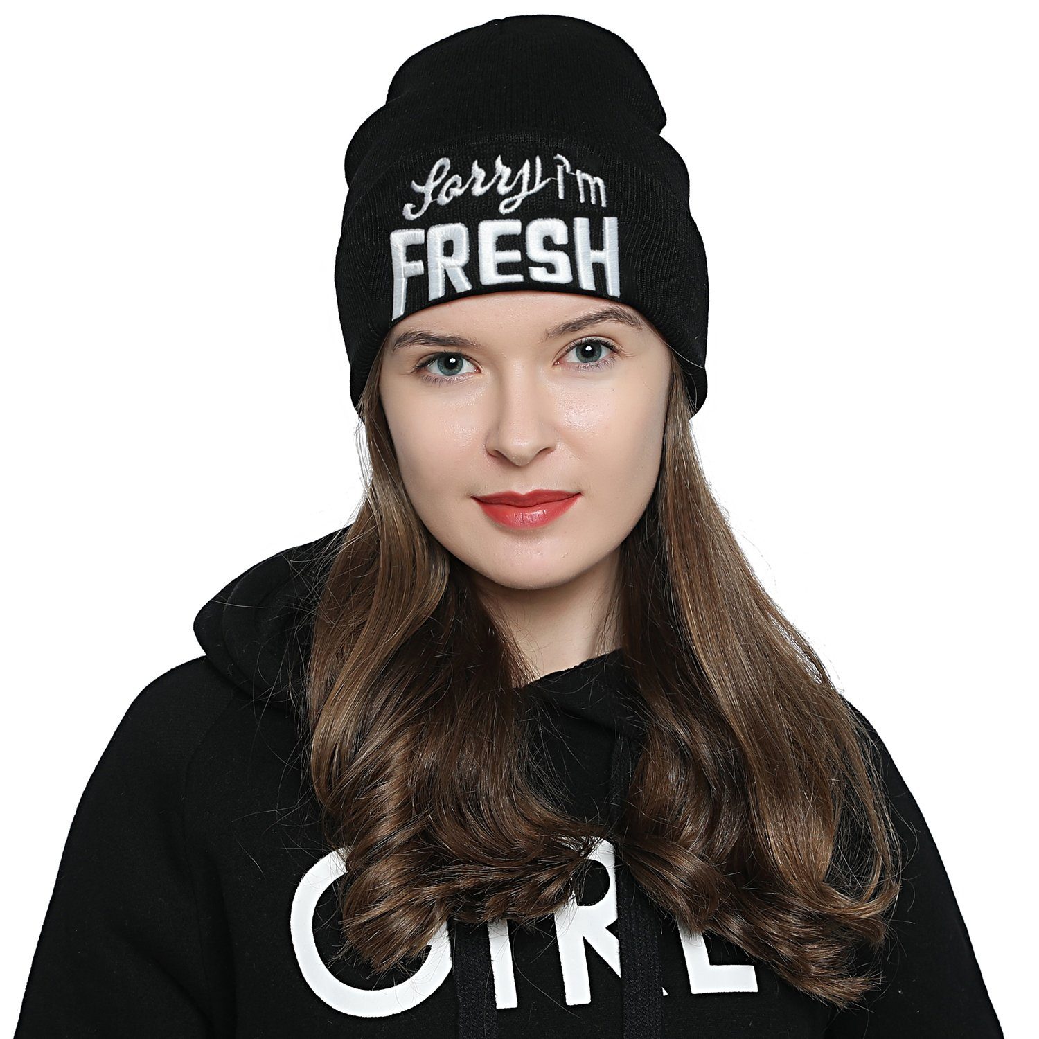 Beanie - I'm mit FRESH" Krempe Stylische DonDon Winter Statement-Print, Beanie 1-St) coolem Damen (Packung, Strickmütze "Sorry schwarz mit Wintermütze,