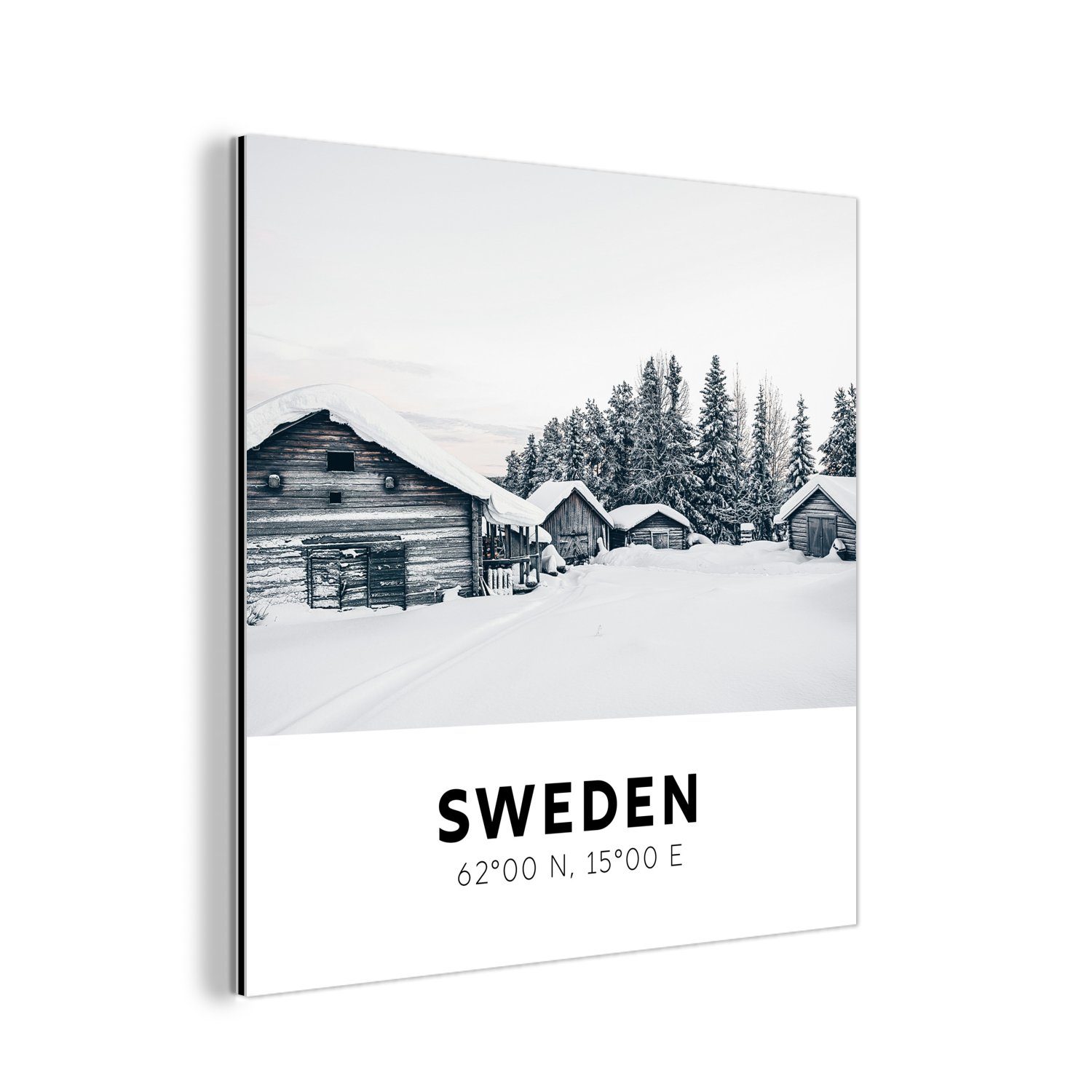 MuchoWow Metallbild Schweden - Skandinavien - Schnee - Winter, (1 St), Alu-Dibond-Druck, Gemälde aus Metall, Aluminium deko