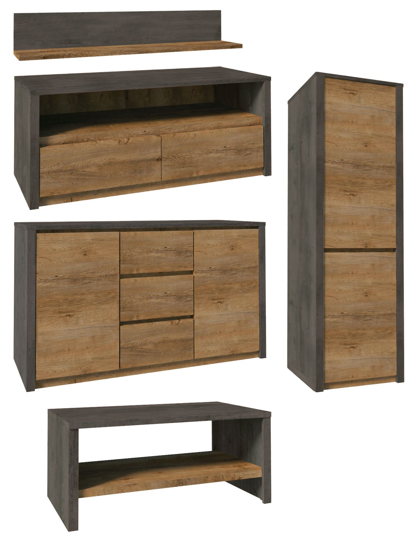 Feldmann-Wohnen Wohnwand Montana, (5-teiliges Wohnzimmer-Set, 5-St., moderne Holzoptik, Griffmulden), Eiche Lefkas grau