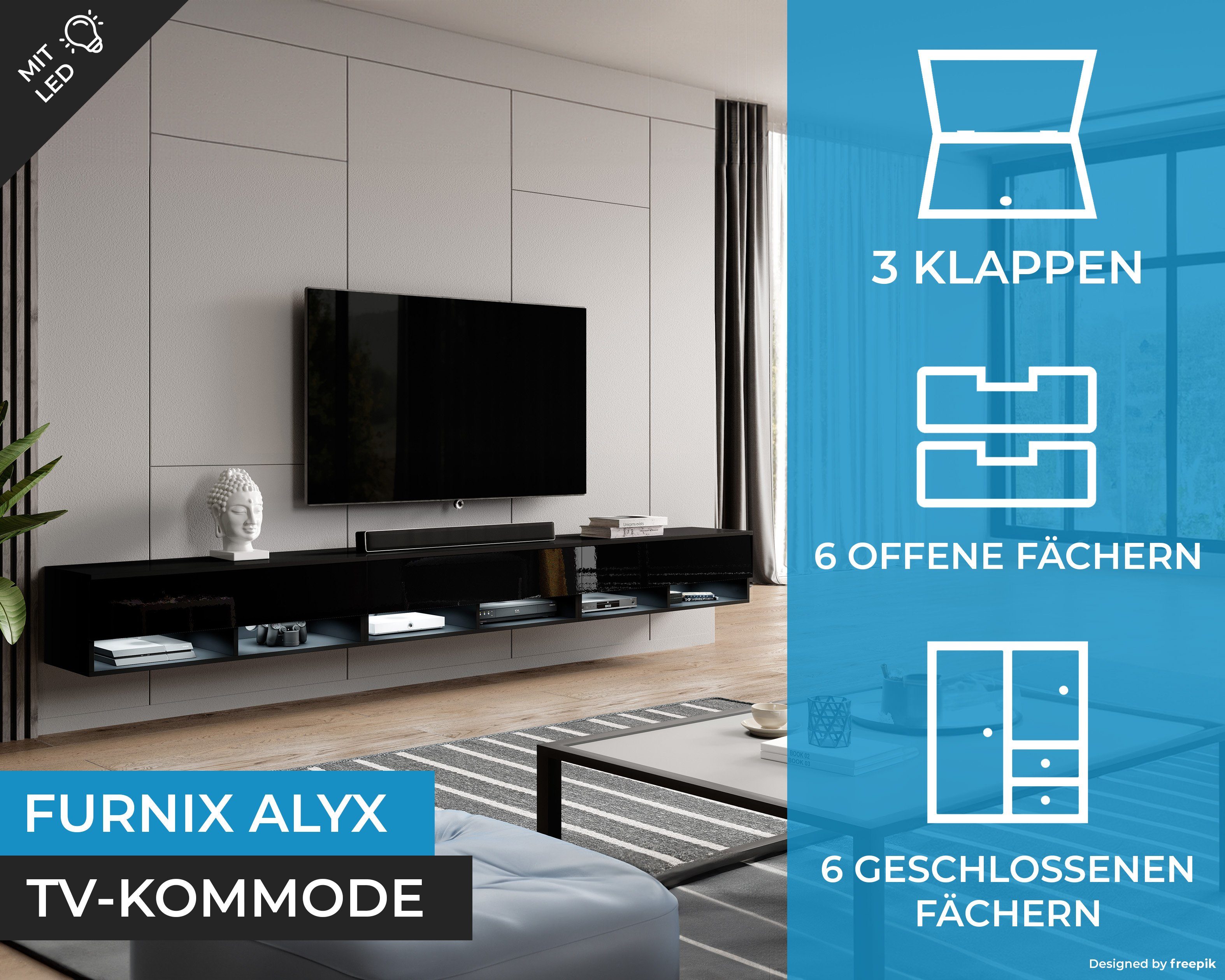 Furnix TV-Schrank ALYX 300 cm cm B300 3 Glanz ohne mit TV-Kommode Türen T32 H34 x x Lowboard LED Schwarz/Schwarz