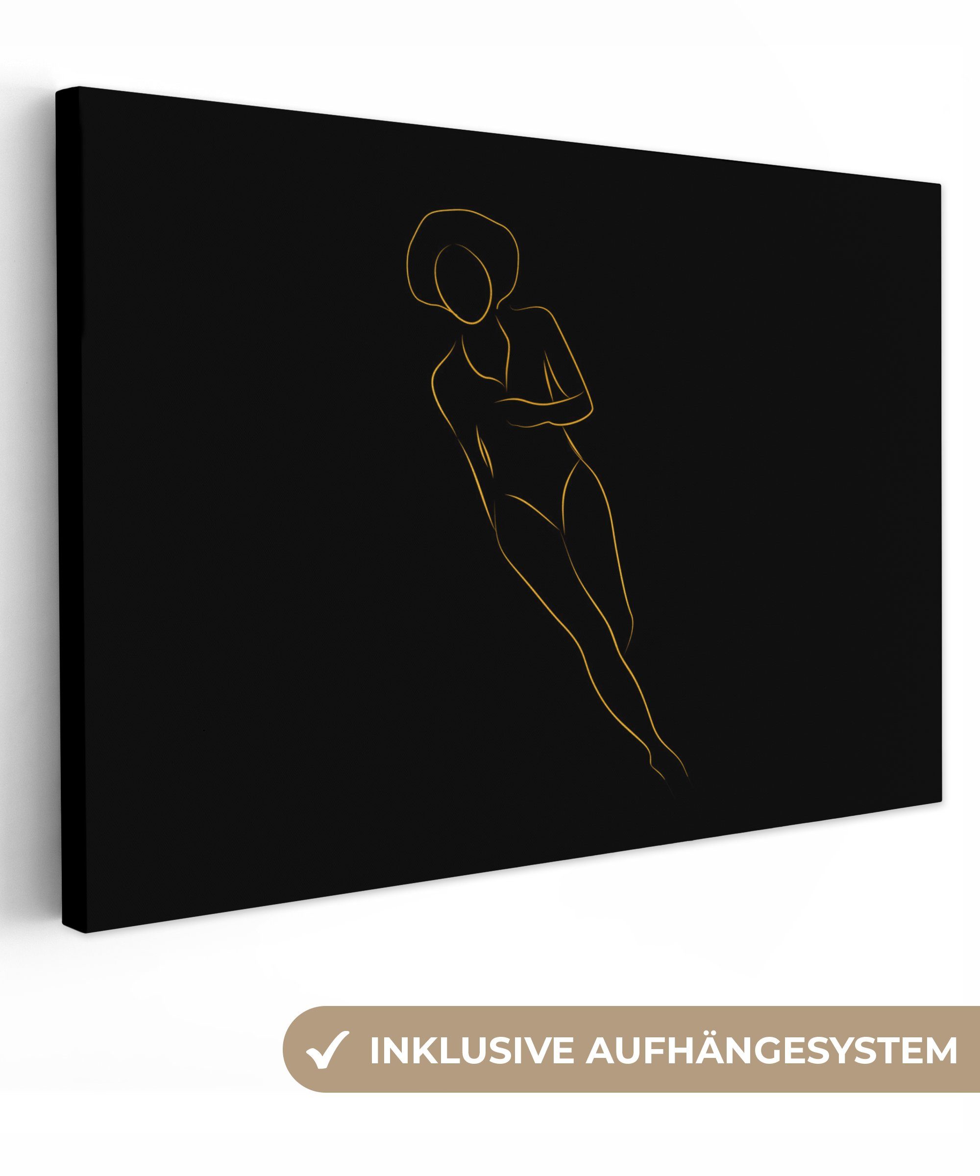 (1 - Leinwandbild Frau St), - Strichzeichnung, Leinwandbilder, cm - Schwarz 30x20 Aufhängefertig, Wanddeko, Wandbild Gold OneMillionCanvasses®