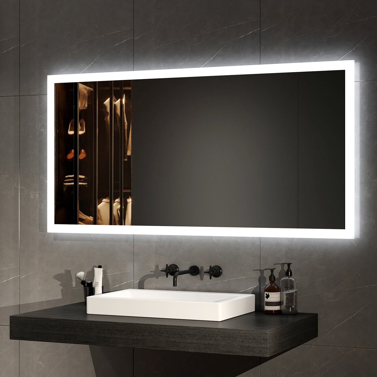 EMKE Зеркало для ванной комнаты mit Beleuchtung LED Knopfschalter Warmweiß/Kaltweiß Antibeschlag (Vertikal und Horizontal möglich, Breite: 60~120cm), 2 Lichtfarbe, IP44