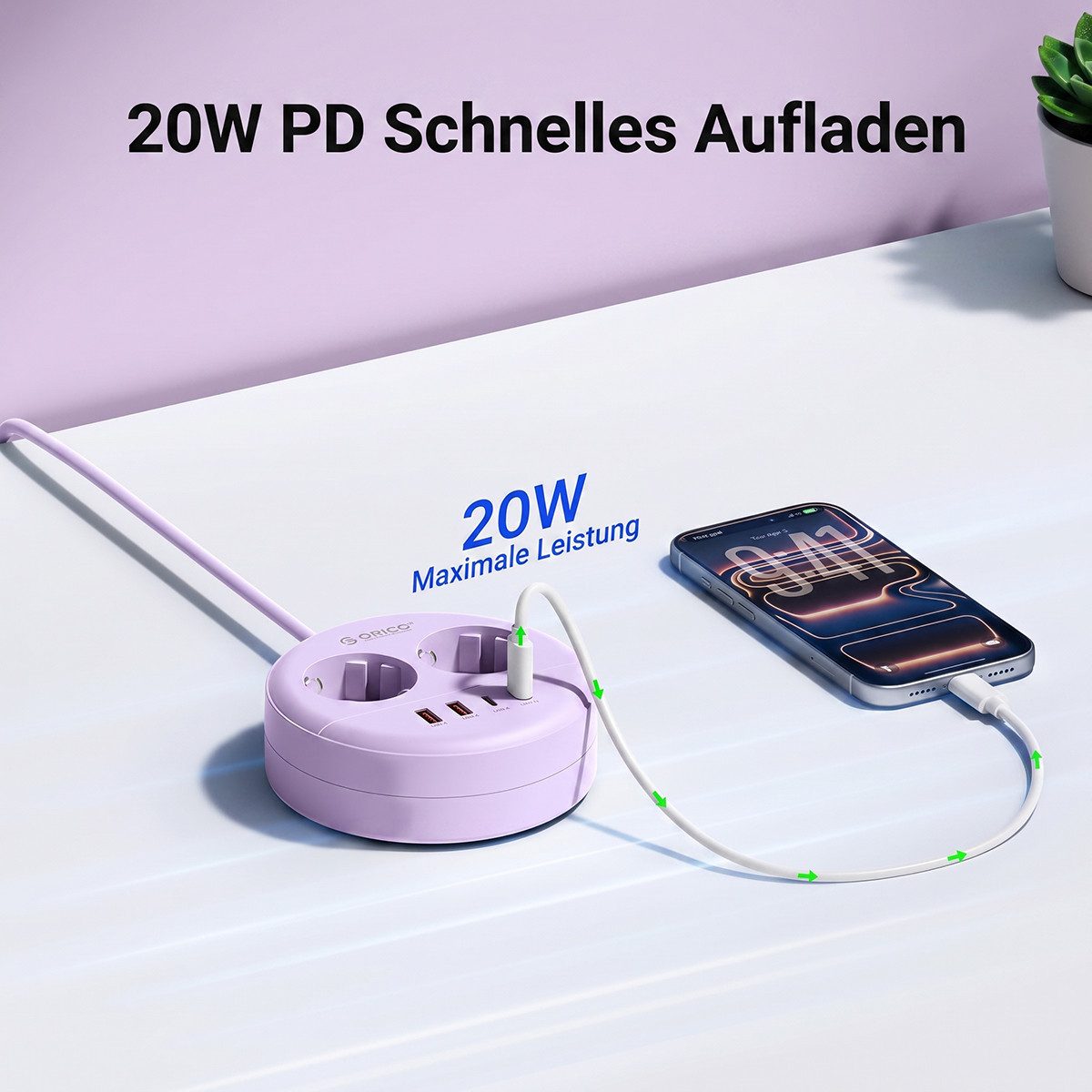 ORICO Steckdose Runde Steckdosenleiste mit USB-C PD 20W, 2 Steckdosen & 4 USB (2× USB-C), 1-St., 1,5 m Kabel, Wandmontage & Sicherheitsverschluss, 2500W für Bür – Bild 3 von 5