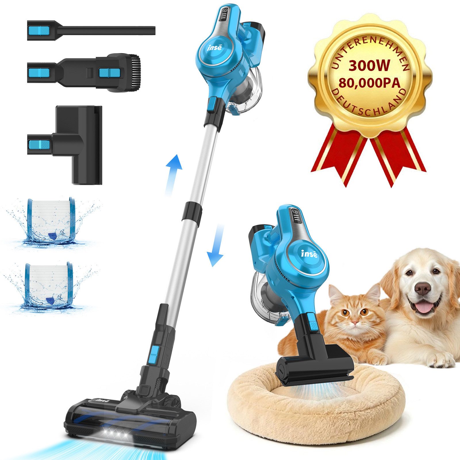 INSE Akku-Hand-und Stielstaubsauger Akku Staubsauger 80000Pa/300W/50Min, 1.8 L Staubsauger Kabellos, mit Beutel, 50dB leise/5-Stufen-Filter/LED Display, Ideal für Böden/Teppiche/Auto