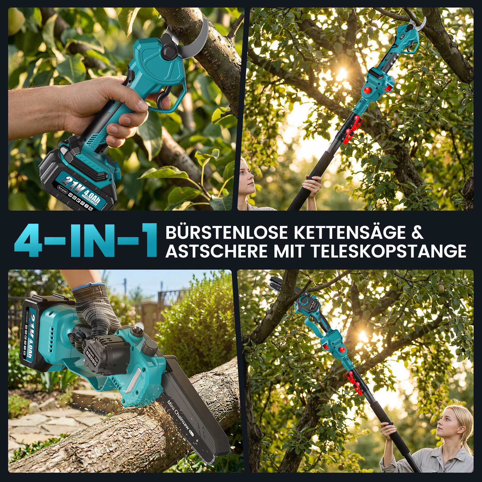 Bundviel Akku-Hochentaster Teleskop Astsäge Astschere Teleskopsäge Akku Kettensäge Hochentaster, bis 235,5 m Arbeitshöhe, Bürstenloser Motor, mit 2× 4000mAh Akku