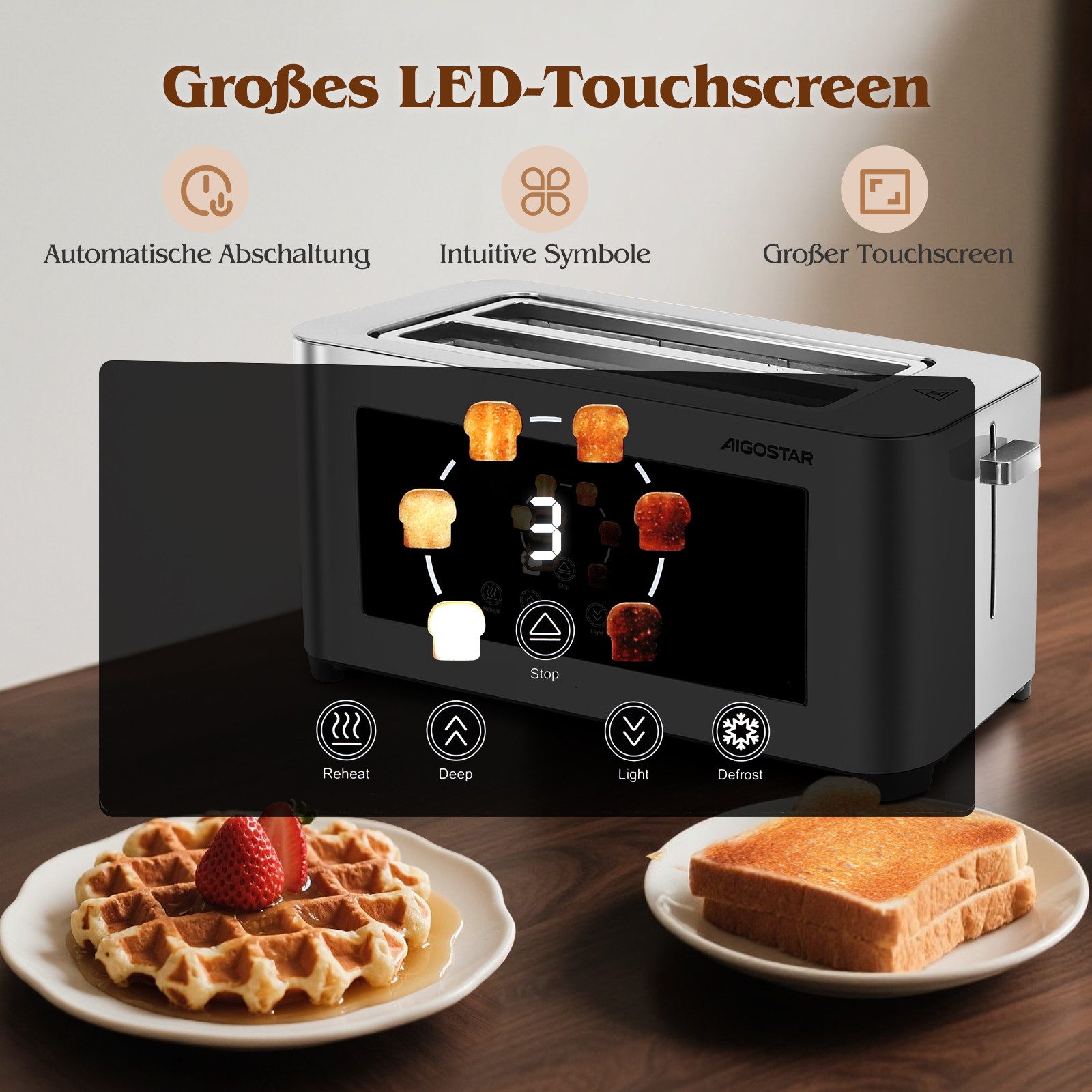 Aigostar Toaster 2/4 Scheiben, 6 Bräunungsstufen, LED-Touchscreen, Toaster Langschlitz, 2 lange Schlitze, 1400 W, Brotzentrierung, Auftau-, Aufwärm- & Stoppfunktion, Edelstahl Matt