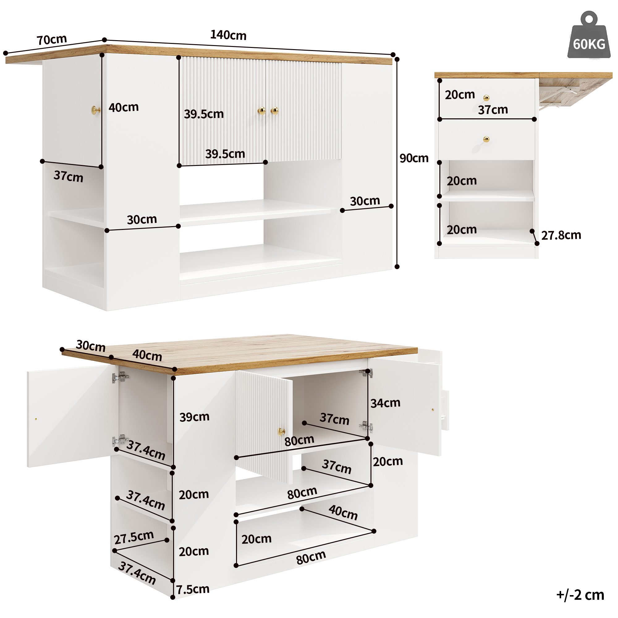 Flieks Kücheninsel mit erweiterbarer Arbeitsplatte, (klappbare Tischplatte, B140/H90/T40-70 cm), Küchenschrank mit Schubladen und Regalen Buffetschrank Sideboar – Bild 5 von 5