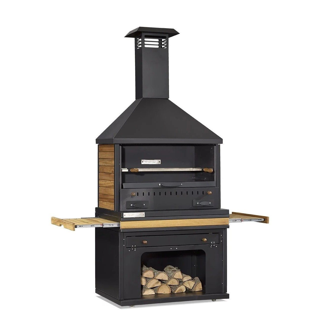 Xlmoebel Outdoor-Küche XLMOEBEL Grillkamin aus Holz und Edelstahl in elegantem Schwarz, Made in Europa