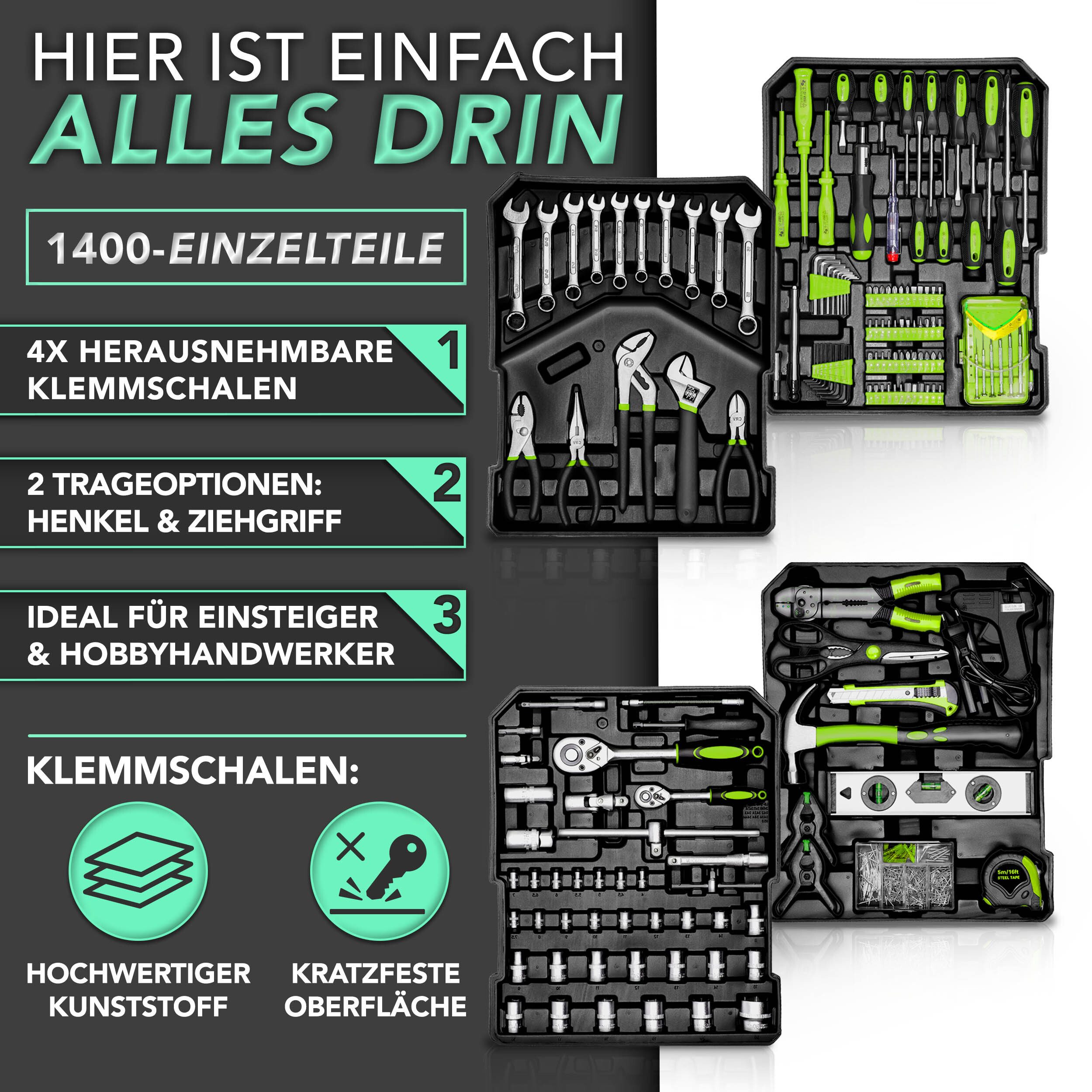 TRESKO Werkzeugset Werkzeugkoffer 1400 teilig XXL Set Werkzeugkasten gefüllt, (Chrom-Vanadium Stahl), Werkzeugkiste Profi Werkzeugtasche Werkzeug-Trolley – Bild 3 von 5