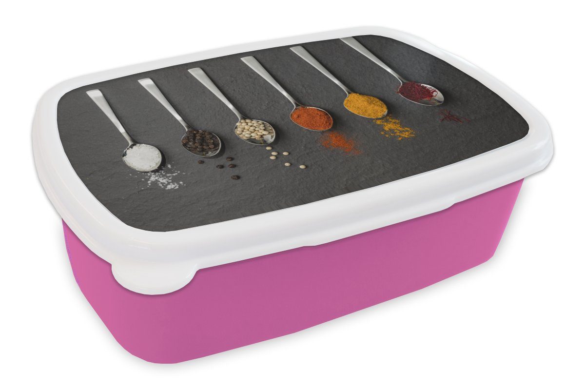 Snackbox, Gewürze, MuchoWow für (2-tlg), rosa Kunststoff, Tisch Gewürze Rustikal - Löffel Brotdose Erwachsene, - - Mädchen, Kinder, - Kunststoff Lunchbox Brotbox