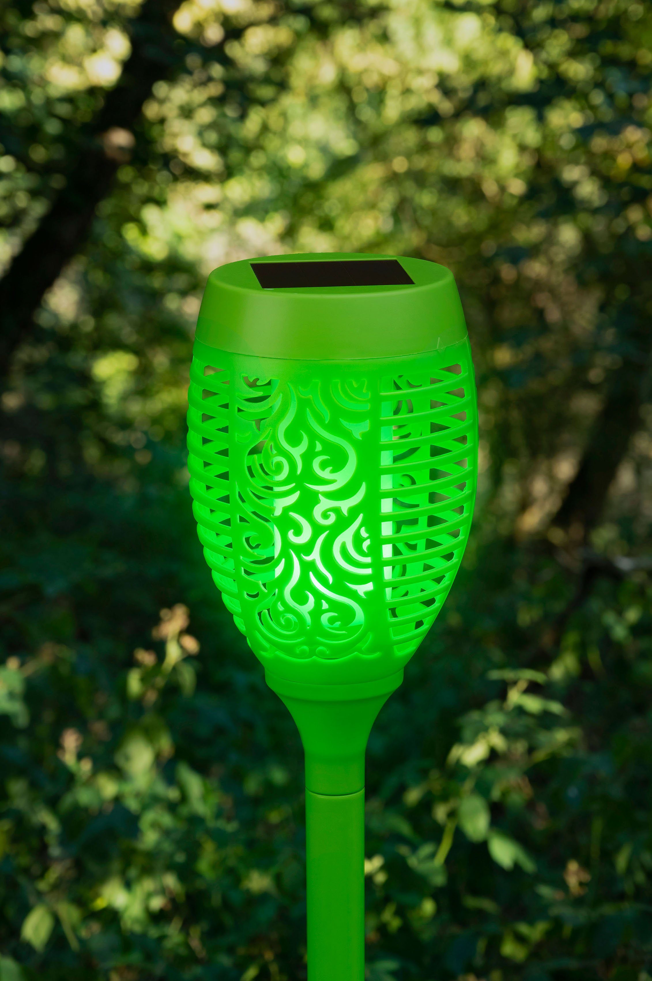 Gartenfackel, BONETTI grün mit realer LED LED Flamme Gartenfackel integriert, Tageslichtsensor, Solar LED fest