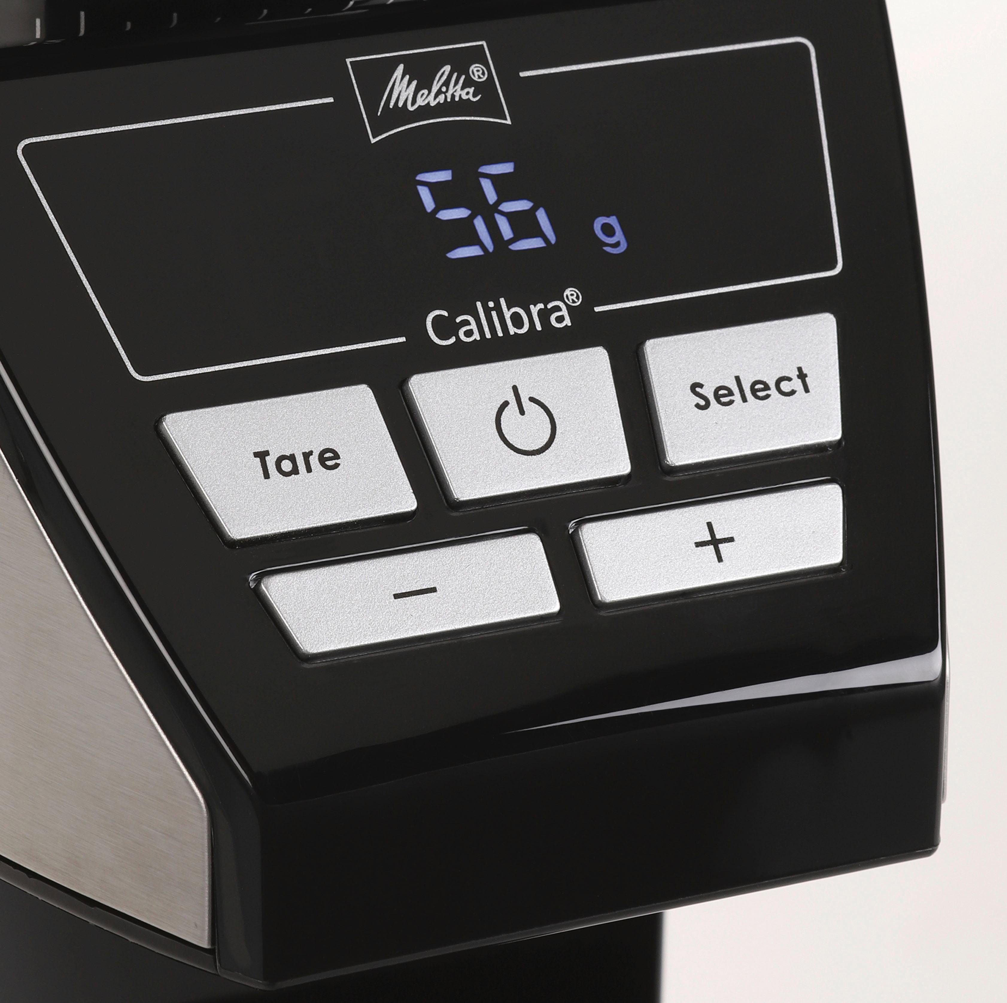 Melitta Kaffeemühle Calibra 1027-01 schwarz-Edelstahl, 160 W, Kegelmahlwerk, 375 g Bohnenbehälter schwarz|silberfarben
