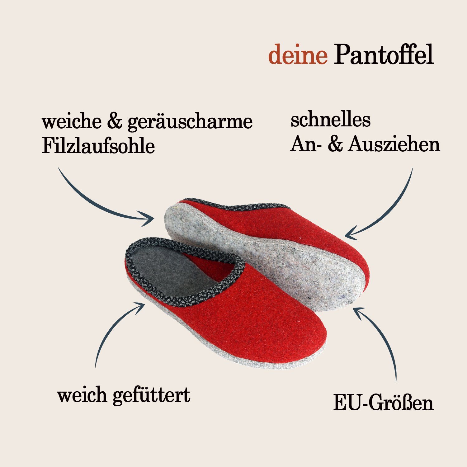 Pantoffelmann Walk-Filzpantoffel Herren Damen Filz Hausschuhe warme Filzlatschen Pantoffel (1 Paar) Filzpantoffeln, Gästepantoffel besonders leicht