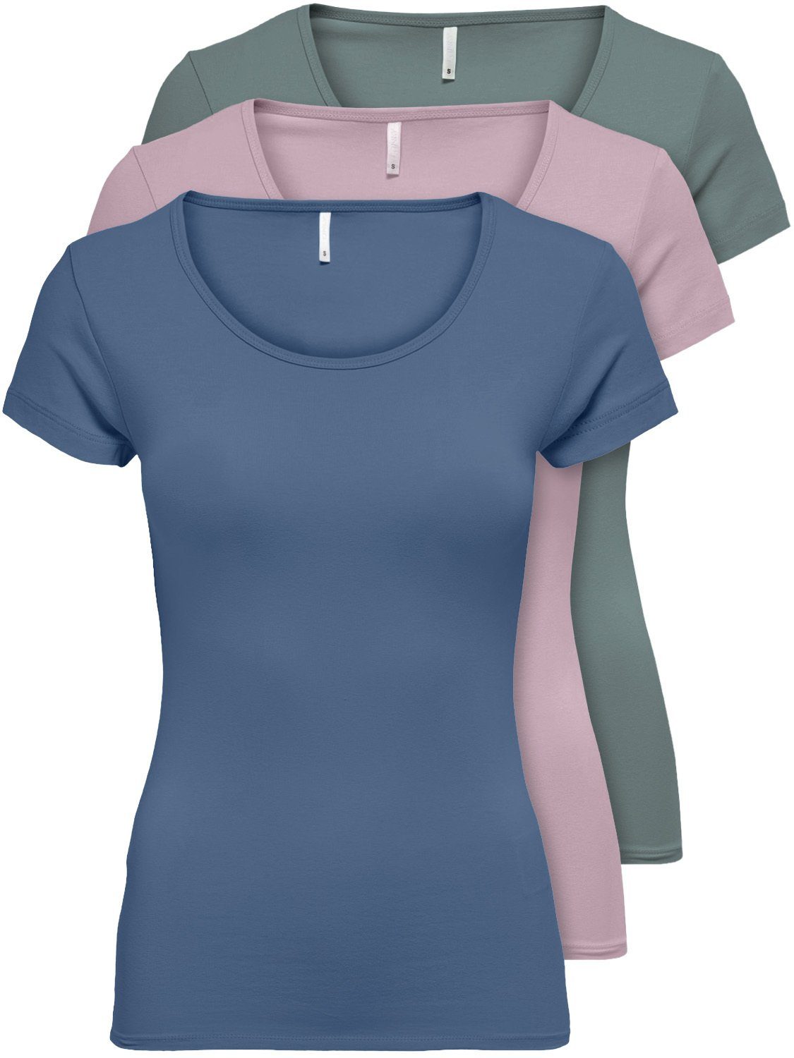 ONLY T-Shirt ONLLIVE LOVE NEW (3-tlg., 3er Pack) Figur betont, elastische  Baumwollqualität | T-Shirts