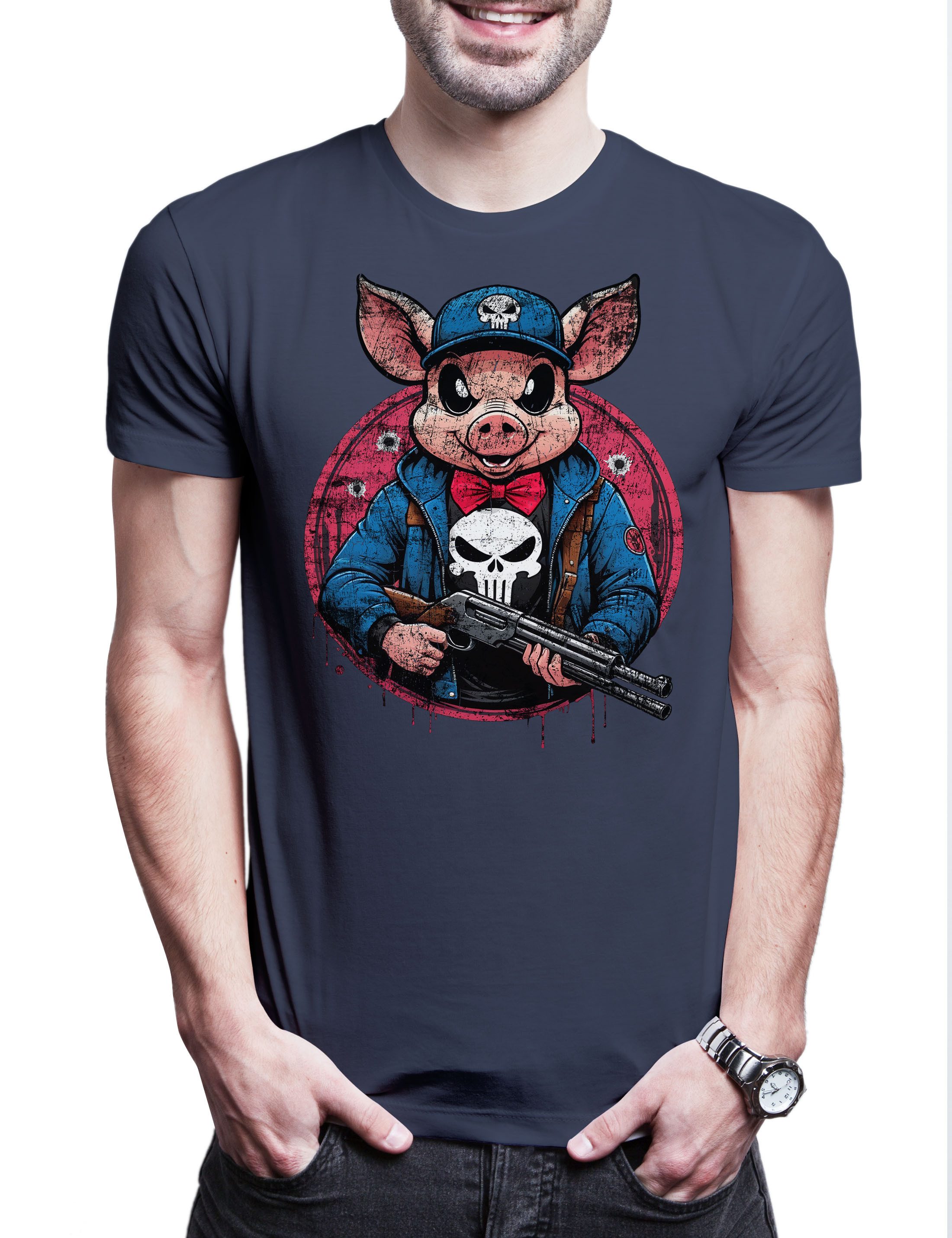 Urban Backwoods Print-Shirt Vigilante Pig Herren T-Shirt Skull Logo Toon Cartoon Comic Porky (1-tlg) Punisher Symbol Zeichen Bunny