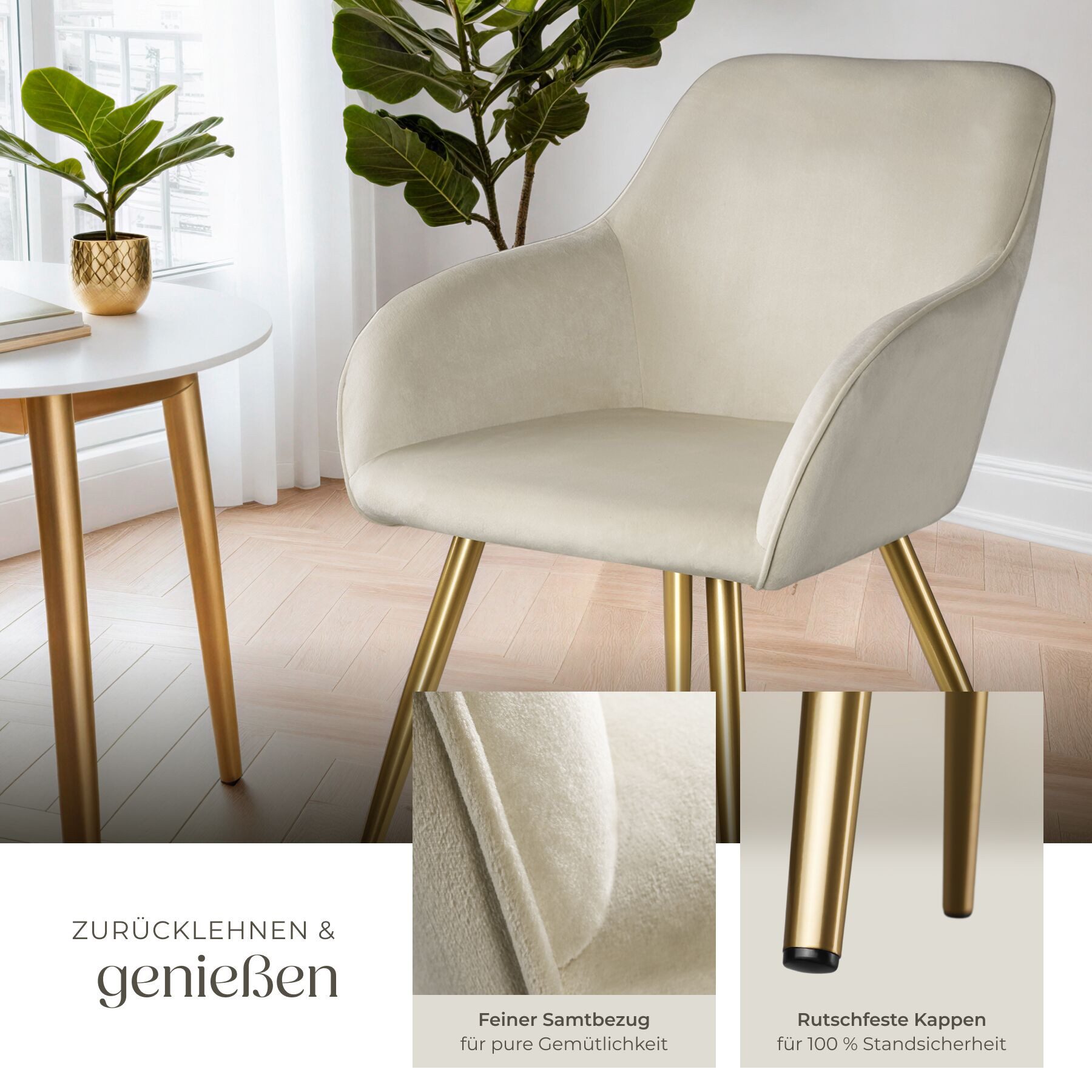 tectake Esszimmerstuhl Polsterstuhl gepolstert mit Samtoptik und goldenen Stahlbeinen, (Polsterstuhl Marilyn, 6 St), bodenschonende Kunststoffkappen, Sitzhöhe c – Bild 4 von 5